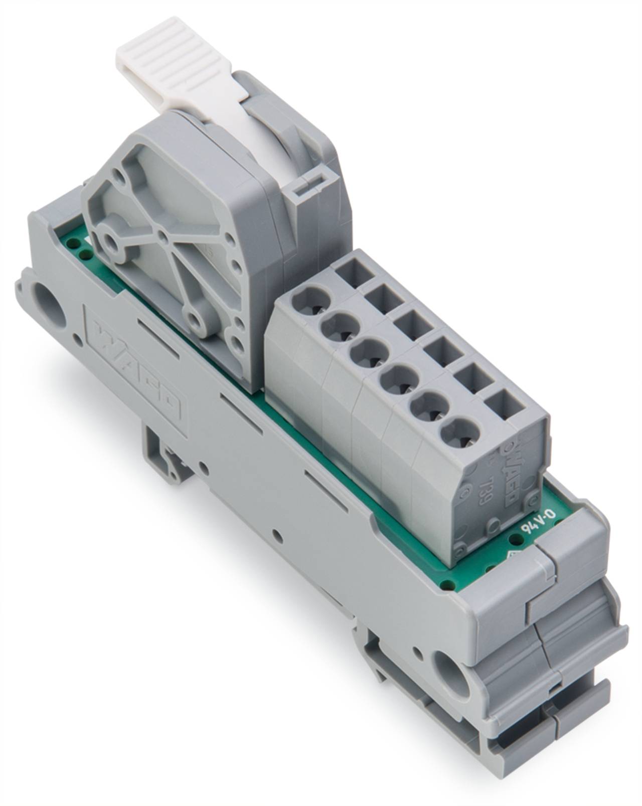 Ein graues elektrisches Klemmleistenblock mit mehreren Anschlussanschlüssen und einem weißen Hebel für sichere Verdrahtung.