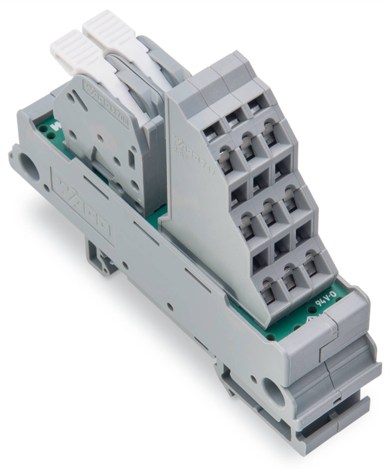Ein grau-grüner industrieller Elektrostecker mit mehreren Drahtschlitzen, entwickelt für sichere Elektroschaltstromverbindungen.