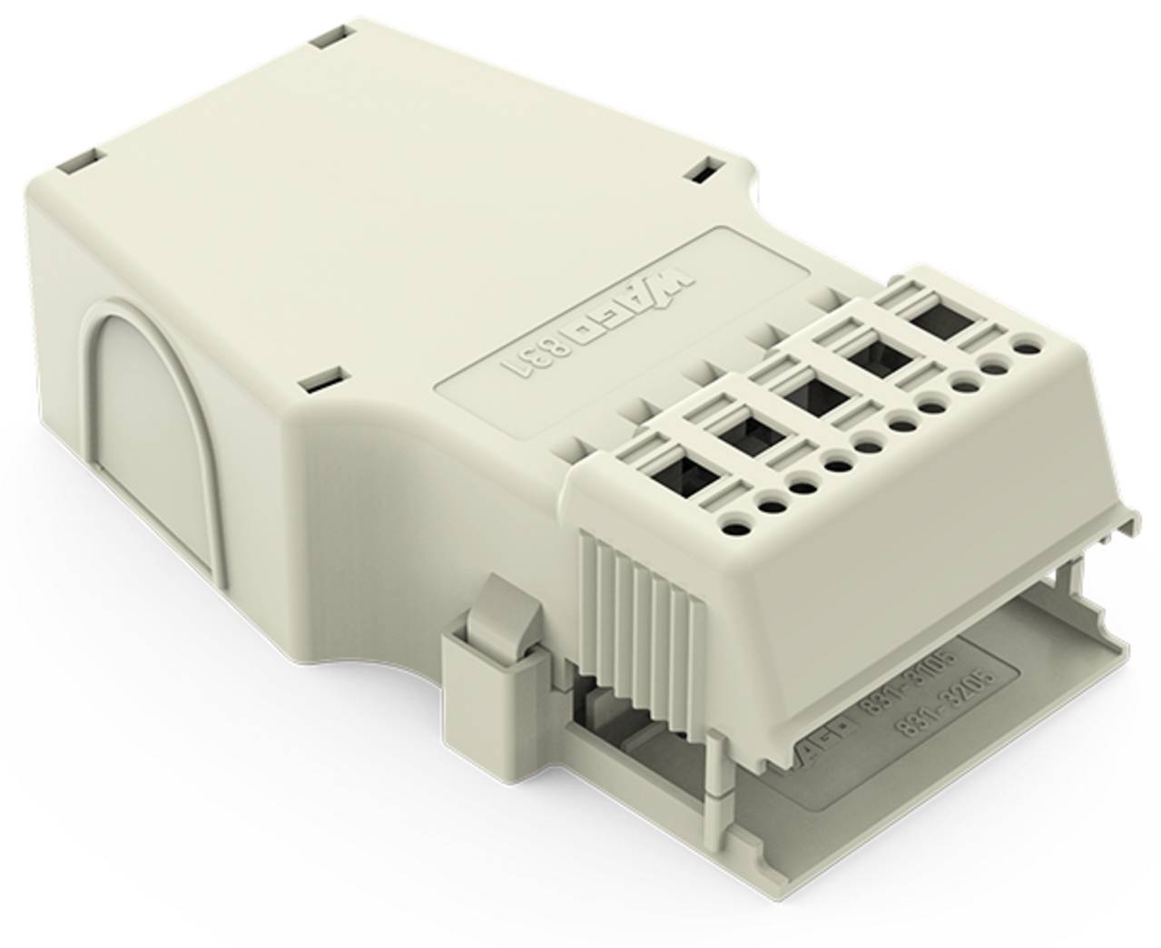 Ein beiges Elektrogehäuse mit mehreren Anschlussanschlüssen an der Vorderseite und 