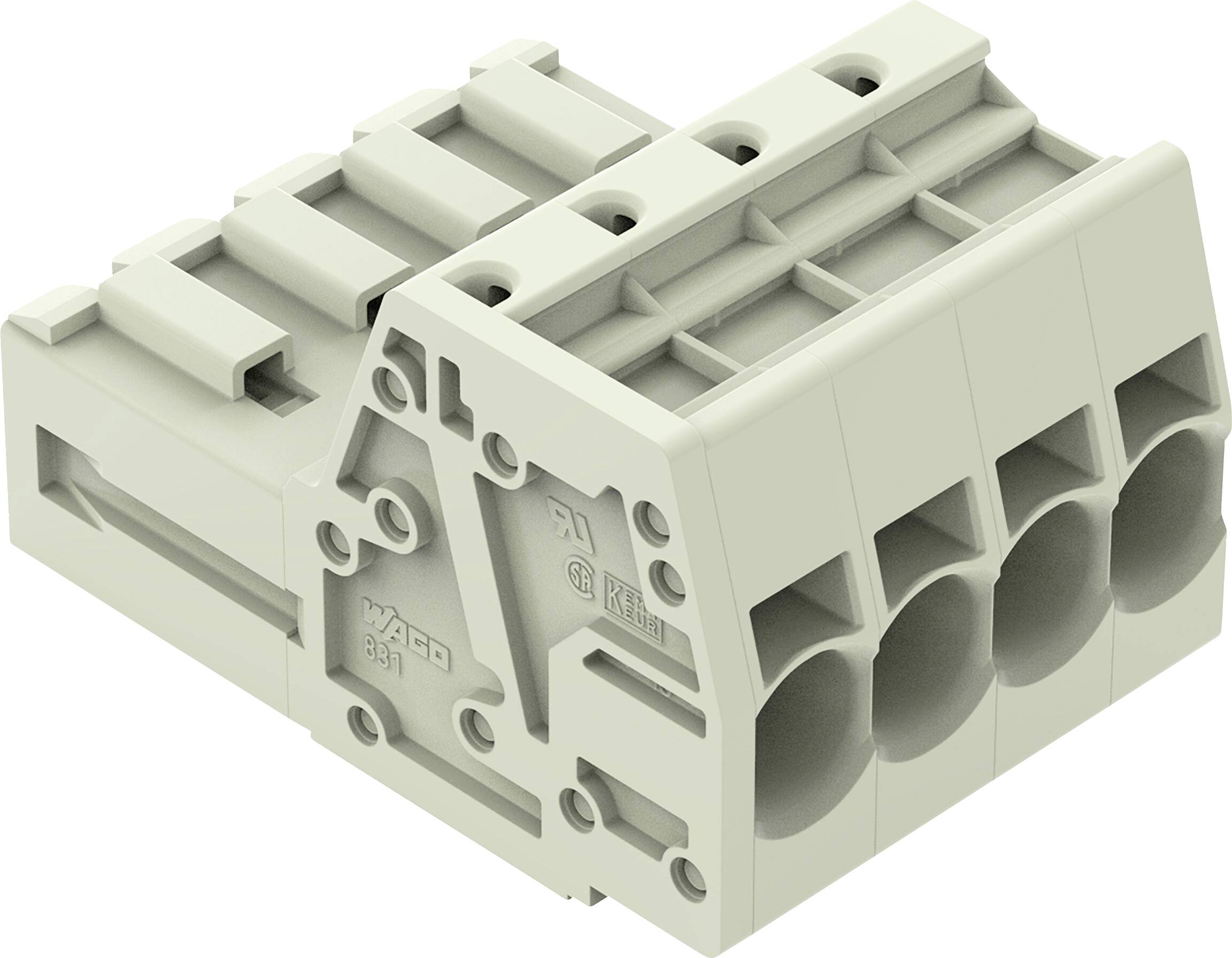 Un bloc de connecteur électrique gris avec trois ports circulaires, conçu pour les connexions de fils dans les installations électriques.