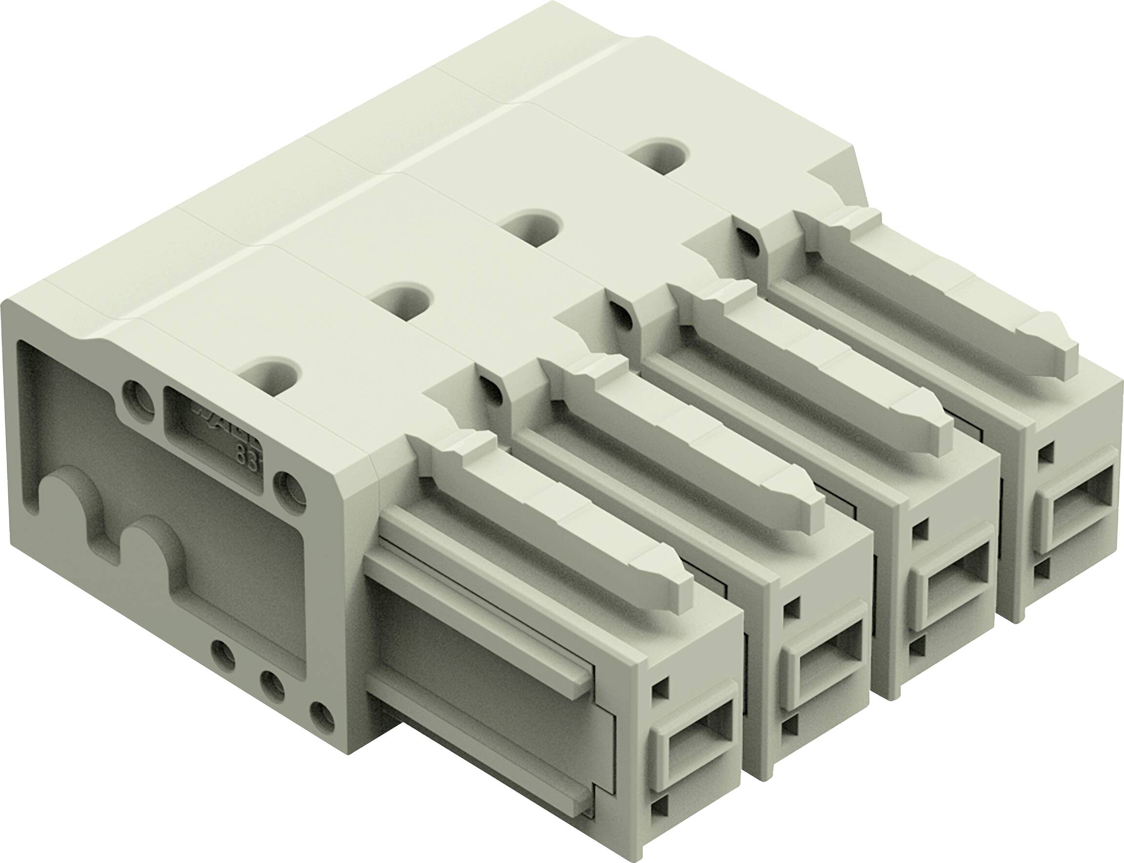 Un connecteur électrique à quatre broches de couleur beige, doté de rainures et de trous pour une fixation sécurisée, conçu pour un usage industriel.