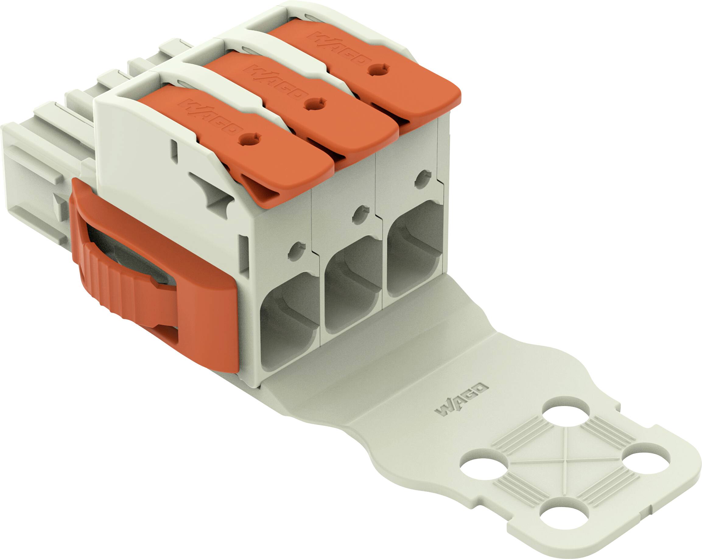 Un bloc terminal compact à trois positions avec des leviers orange et une base de montage ; utilisé pour les connexions électriques.