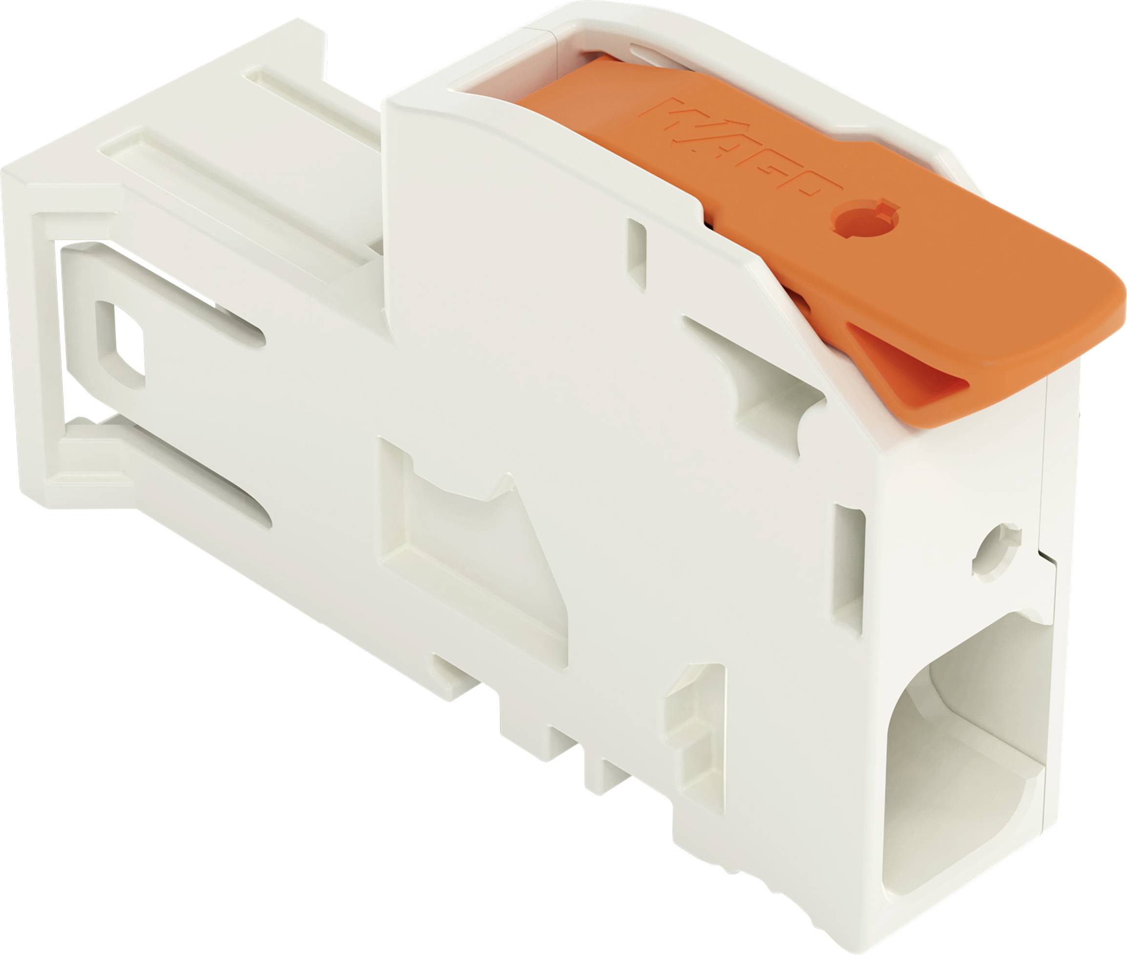 Un connecteur électrique blanc et orange avec un levier, utilisé dans le câblage pour des connexions électriques sécurisées.