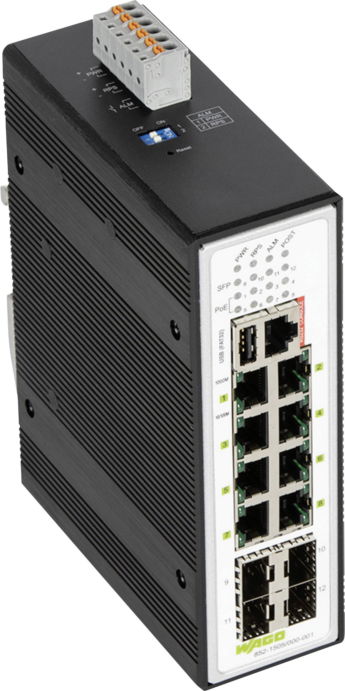 Un commutateur Ethernet industriel avec huit ports RJ-45 et deux emplacements de modules SFP.