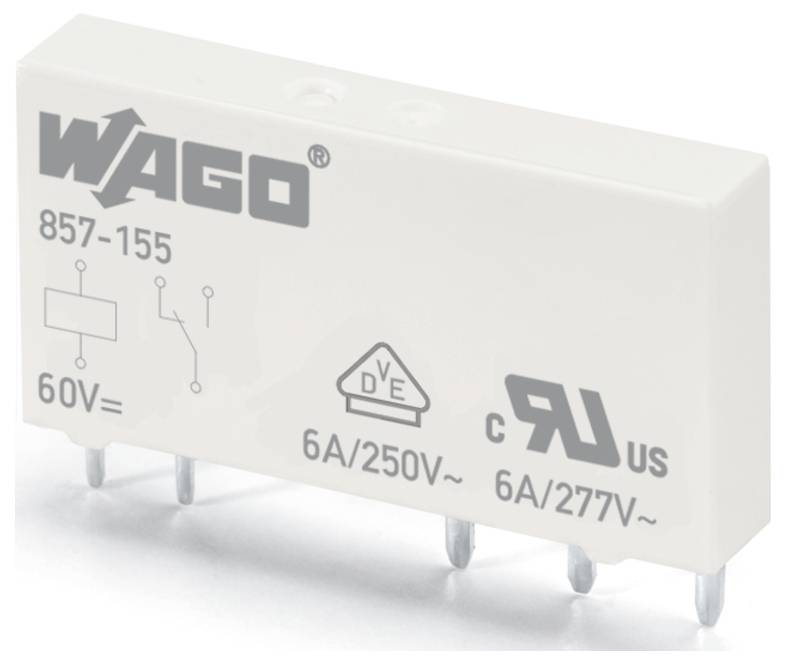 'WAGO 857-155' relay with symbols and ratings: 60V, 6A/250V~, 6A/277V~. Showing compliance marks for voltage and current capacity.