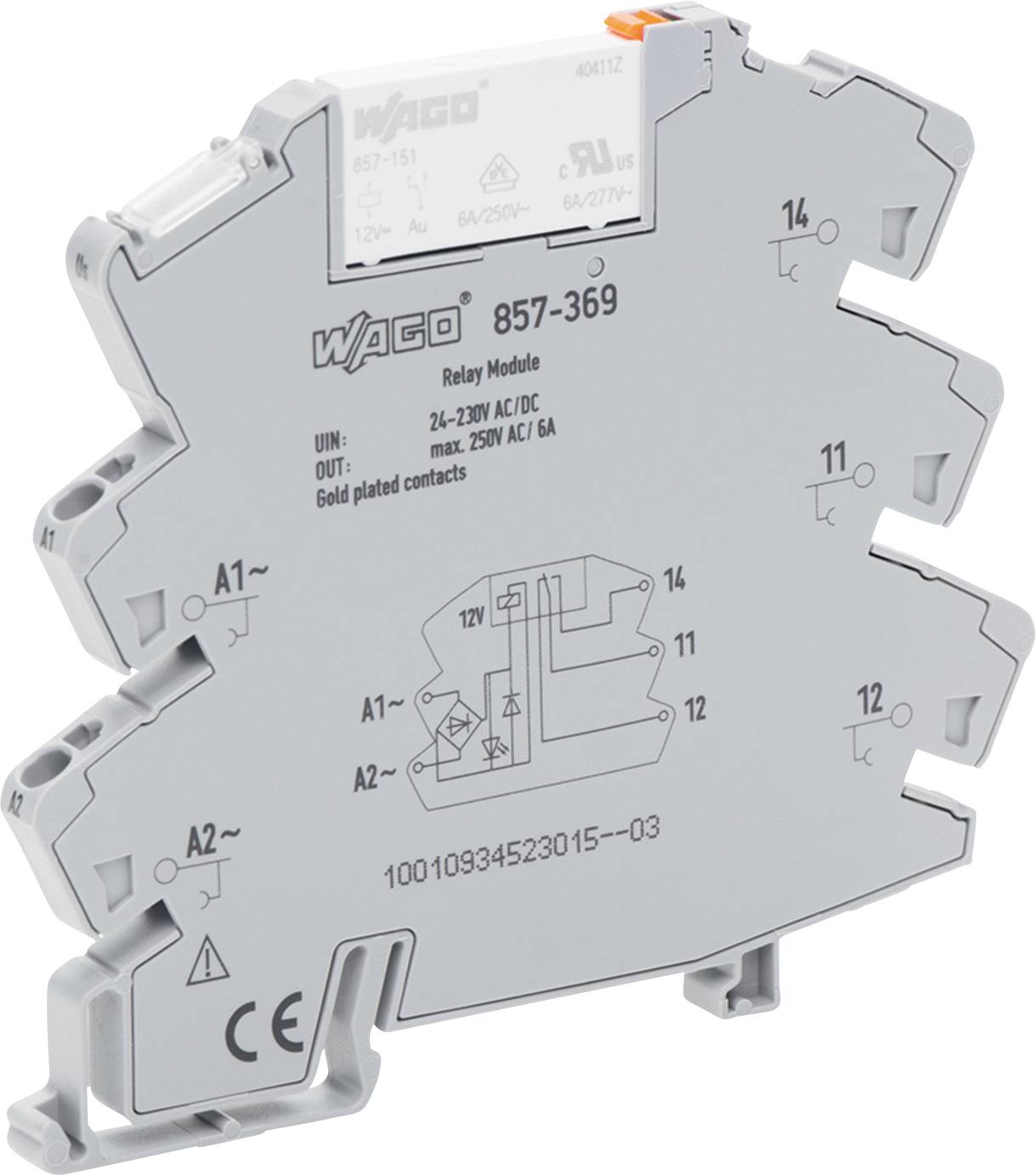 Un module de relais Wago gris étiqueté « Wago 857-369 » avec des broches de connecteur et des spécifications visibles, incluant une entrée 24-230V AC/DC et une sortie maximale de 250V AC/6A.