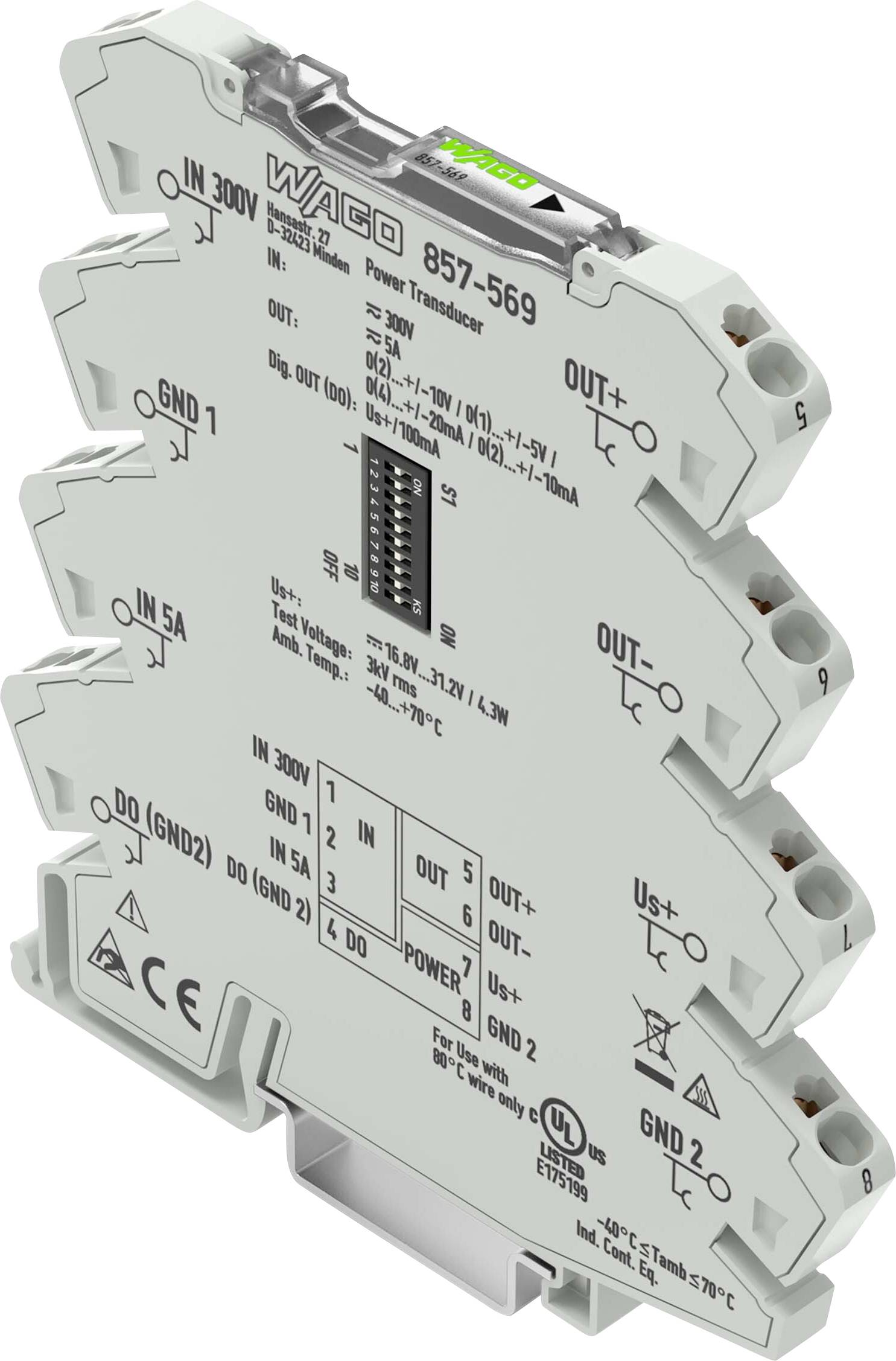 « Un module convertisseur de puissance WAGO 857-569 gris avec des entrées, des sorties et un panneau d'étalonnage étiquetés, utilisé pour la conversion des signaux électriques. »
