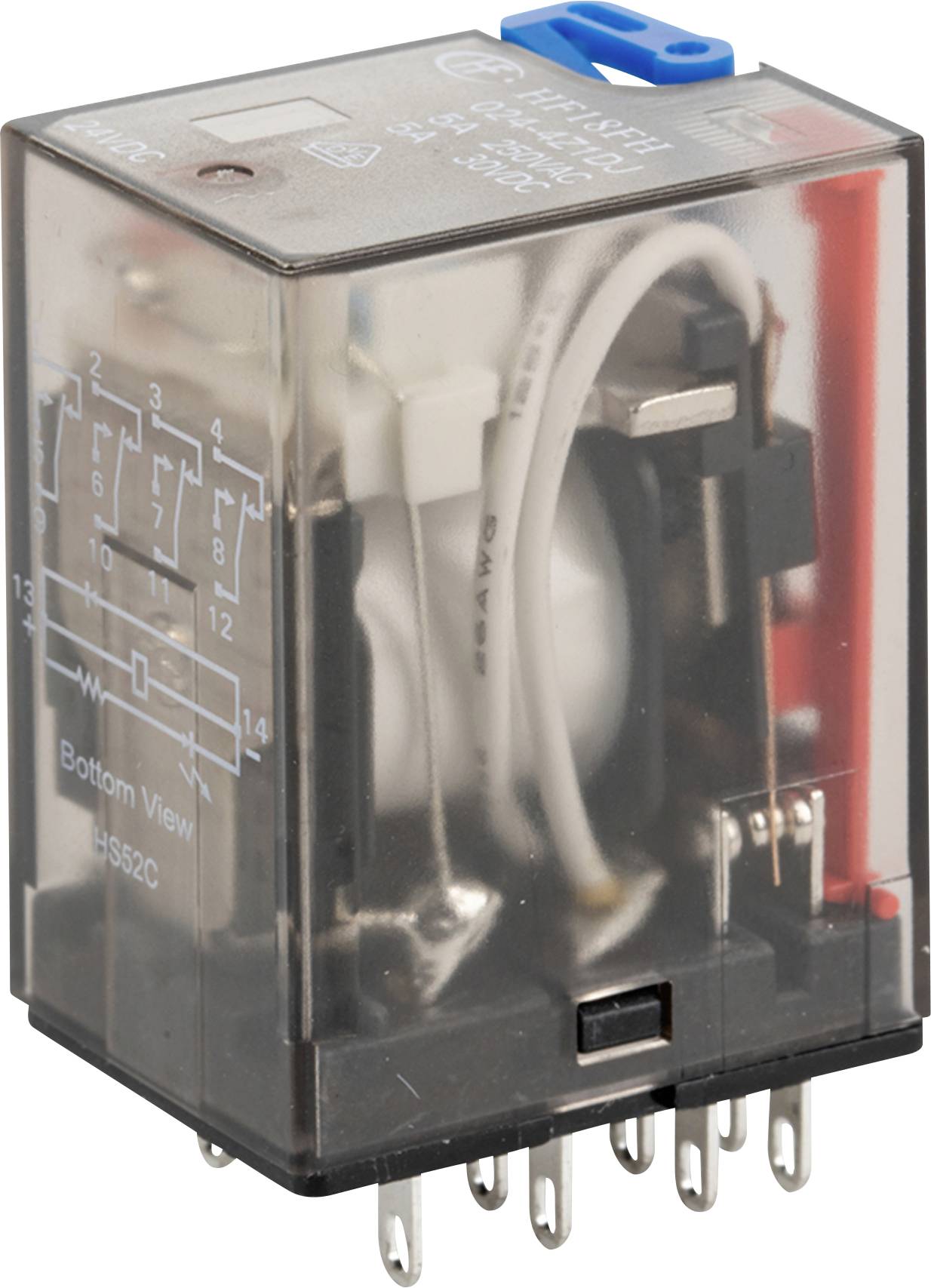 Un composant relais transparent avec un boîtier en plastique montrant les bobines internes et les circuits, utilisé dans les systèmes électriques à des fins de commutation.