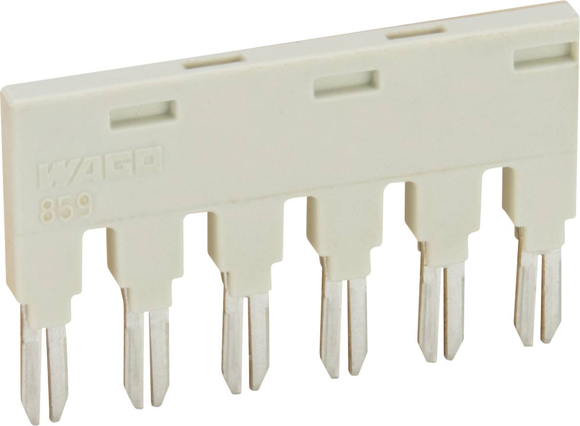 Un bloc de bornes en plastique blanc avec six broches métalliques, marqué « WAGO 859 ». Conçu pour les connexions électriques.