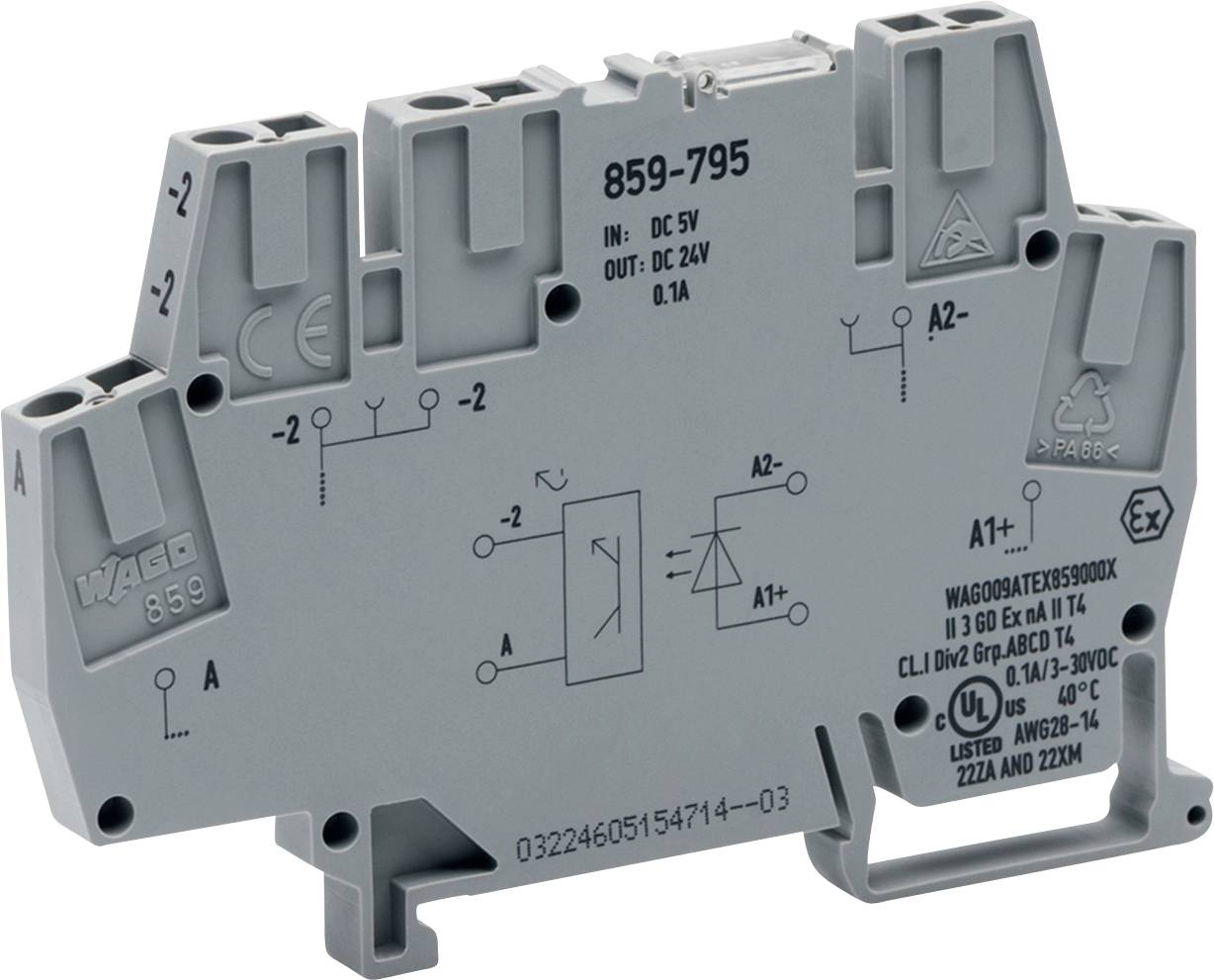 Un composant de relais électrique gris avec diverses connexions étiquetées et symboles pour l'entrée DC 5V et la sortie DC 24V, 0.1A.