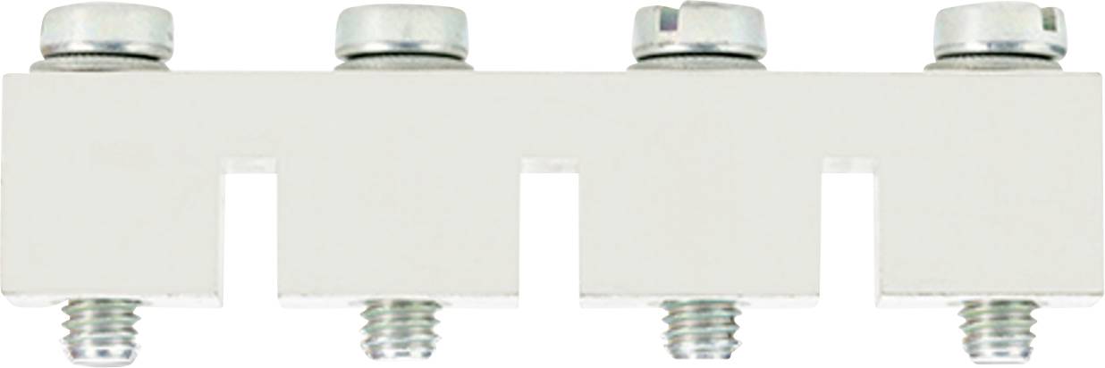 Barre de connexion métallique avec quatre boulons sur le dessus et quatre vis en dessous, utilisée pour les connexions électriques dans diverses applications.
