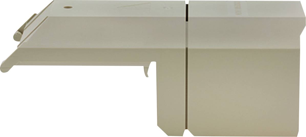 « Couvercle de protection articulé avec section découpée, utilisé pour les borniers électriques. De couleur beige et de forme rectangulaire. »