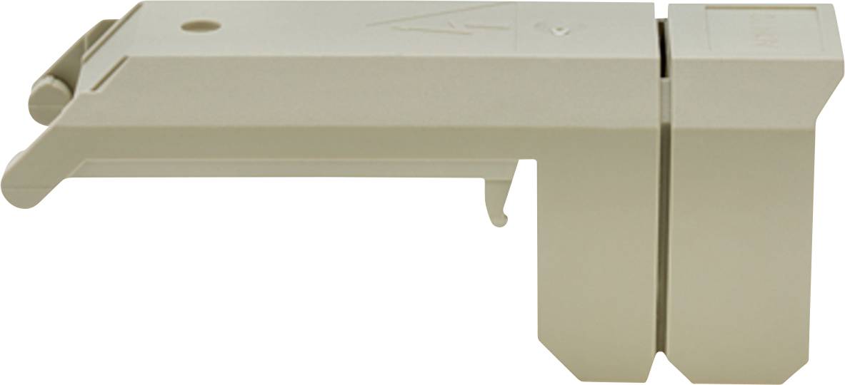 Un support de charnière en plastique beige utilisé pour supporter des structures, montrant une vue latérale avec des trous de vis et des clips de montage visibles.