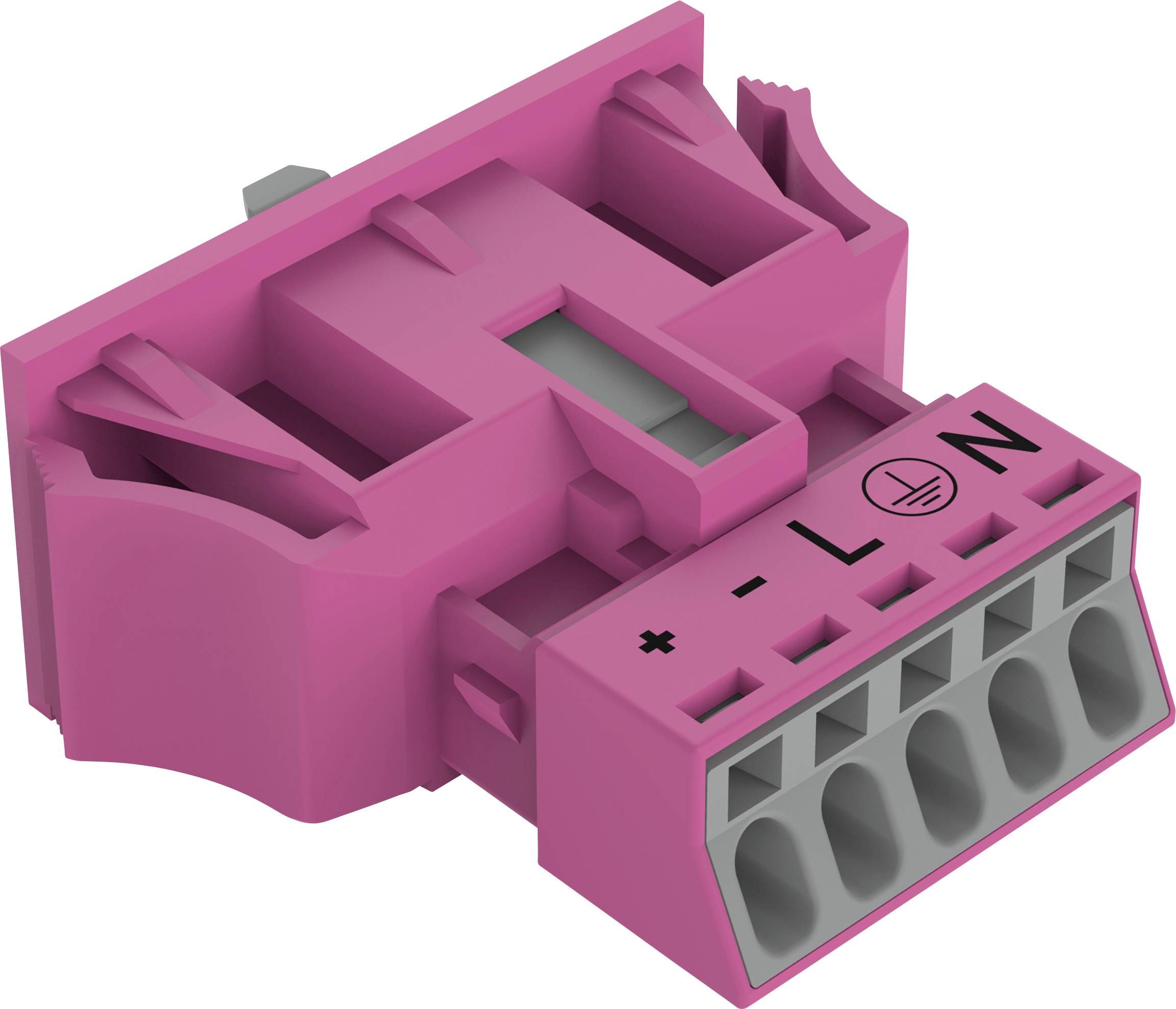 Une image en gros plan d'un connecteur électrique rose avec cinq prises étiquetées '+', '-', 'L', 'N' et un symbole de terre.