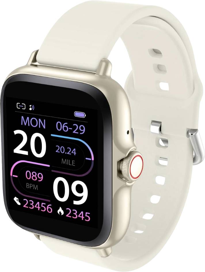 A smartwatch with a beige strap displays time, date 'Mon 06-29', steps, heart rate '89 BPM', and distance '20.24 mile' on its colorful screen.