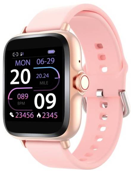 Une montre intelligente rose affiche la date « lun 29-06 », les pas « 23 456 », les kilomètres « 20,24 », la fréquence cardiaque « 89 BPM » et les calories « 2345 ».