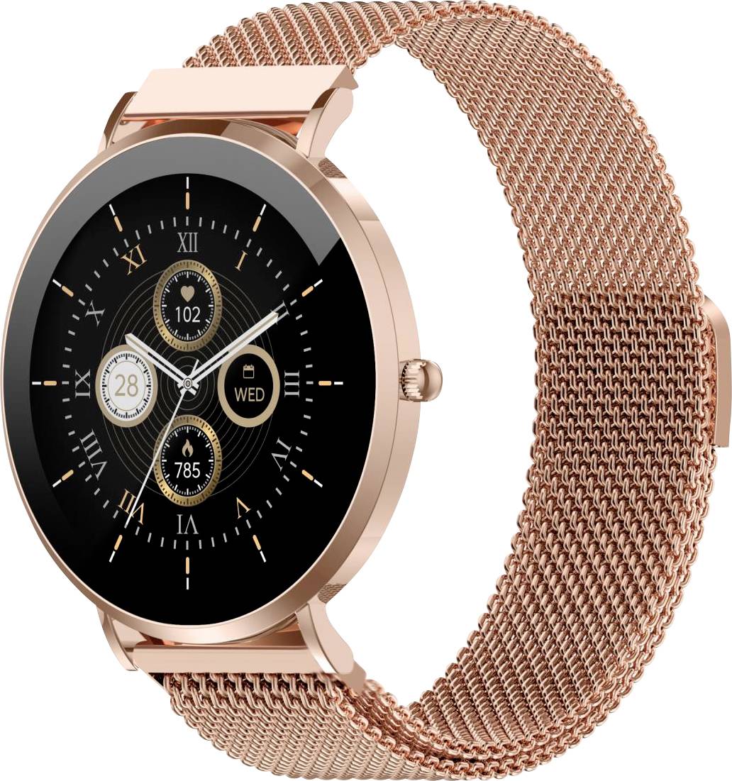 A rose gold smartwatch with a mesh band displays a round face with Roman numerals and multiple functional dials on the screen.