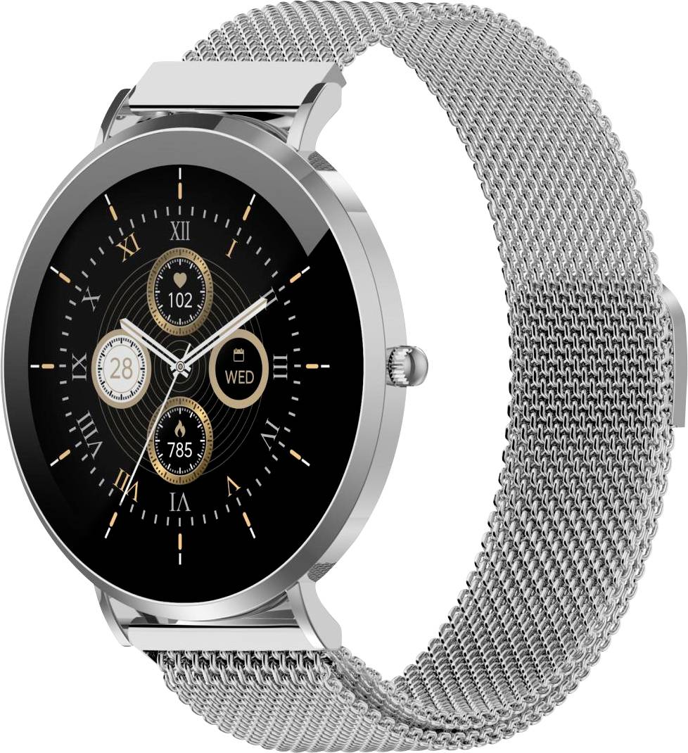 A round smartwatch with a silver mesh band displays an analog-digital hybrid clock face showing time, date, and steps count.