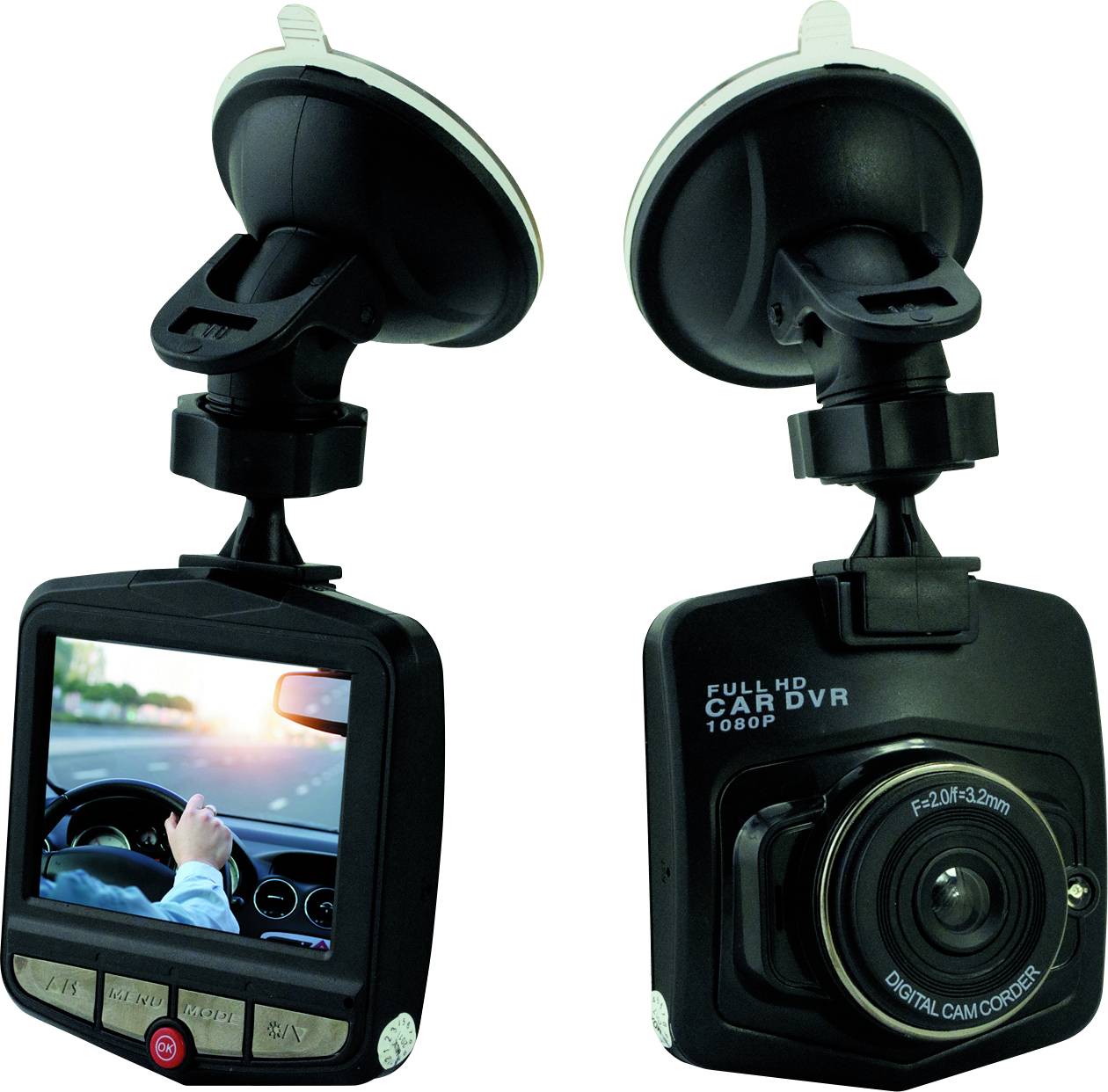 Front and back view of a car DVR camera. The front shows a display with a driving scene, the back shows a camera lens and buttons.