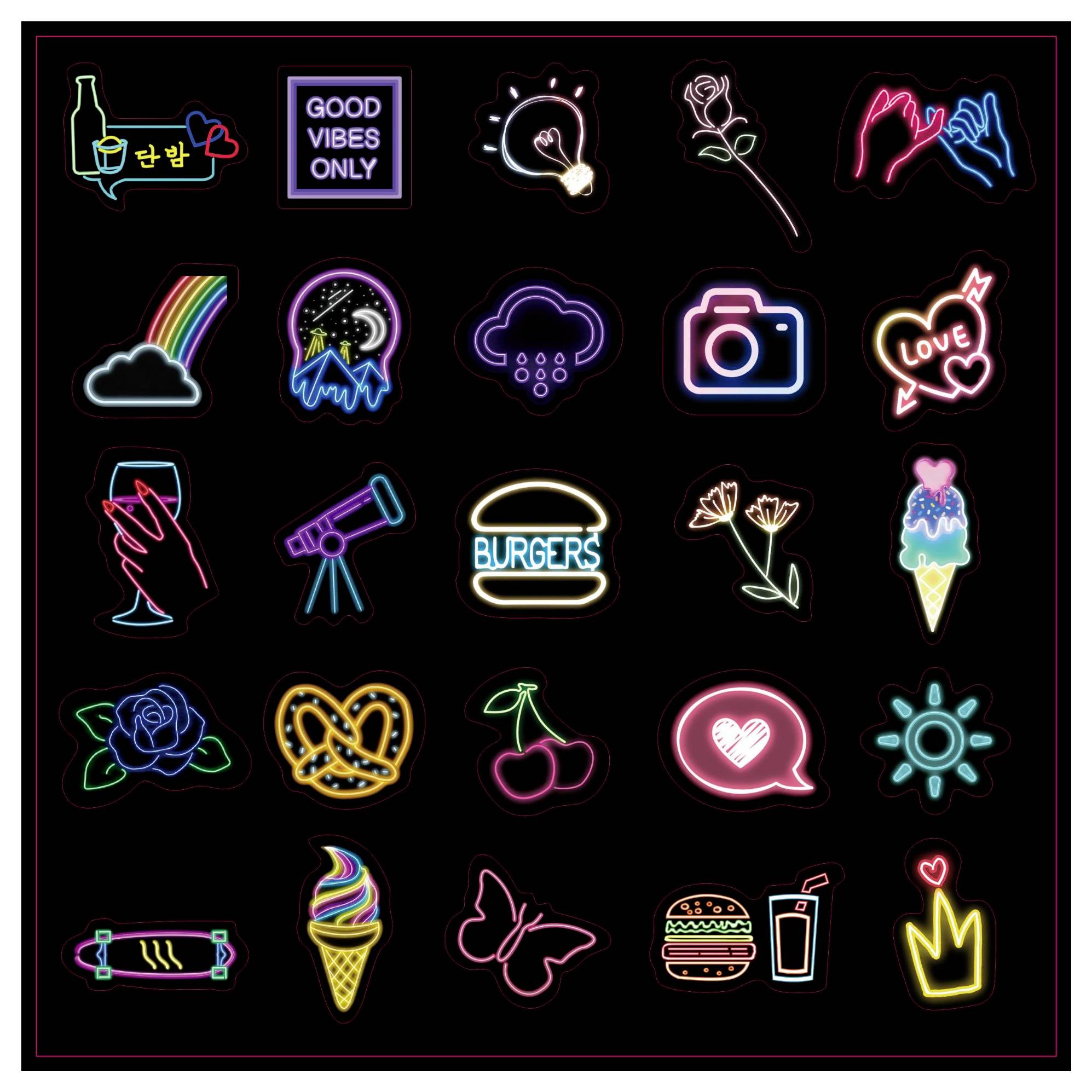 Une grille d'icônes de style néon sur un fond noir. Les icônes incluent un appareil photo, un burger, un bretzel, une glace, une ampoule, une rose et des symboles de cœur.