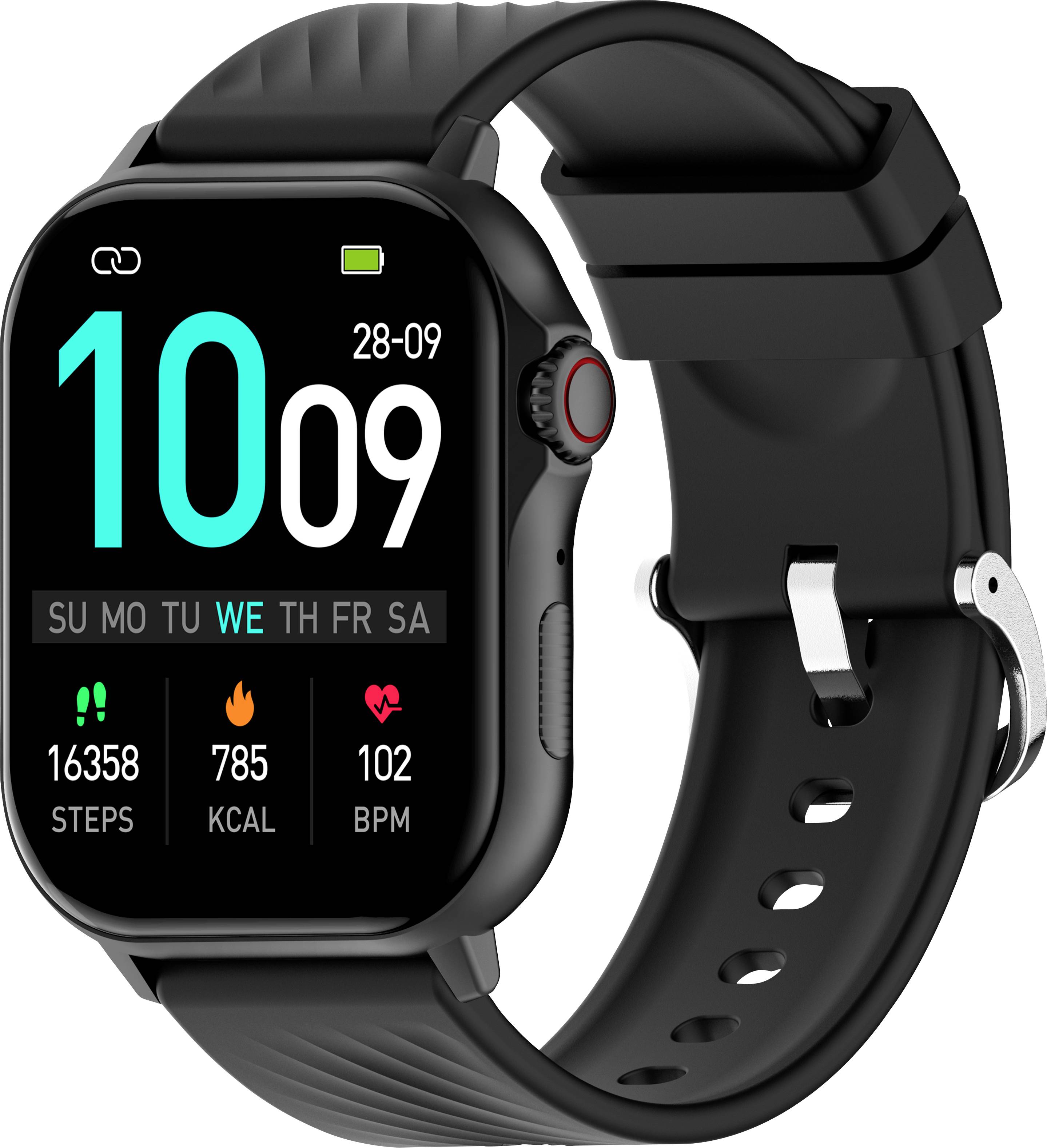 Une montre intelligente affichant l'heure « 10:09 », la date « 28-09 », et les statistiques d'activité : « 16358 pas », « 785 Kcal », « 102 BPM ». Design avec bracelet noir.