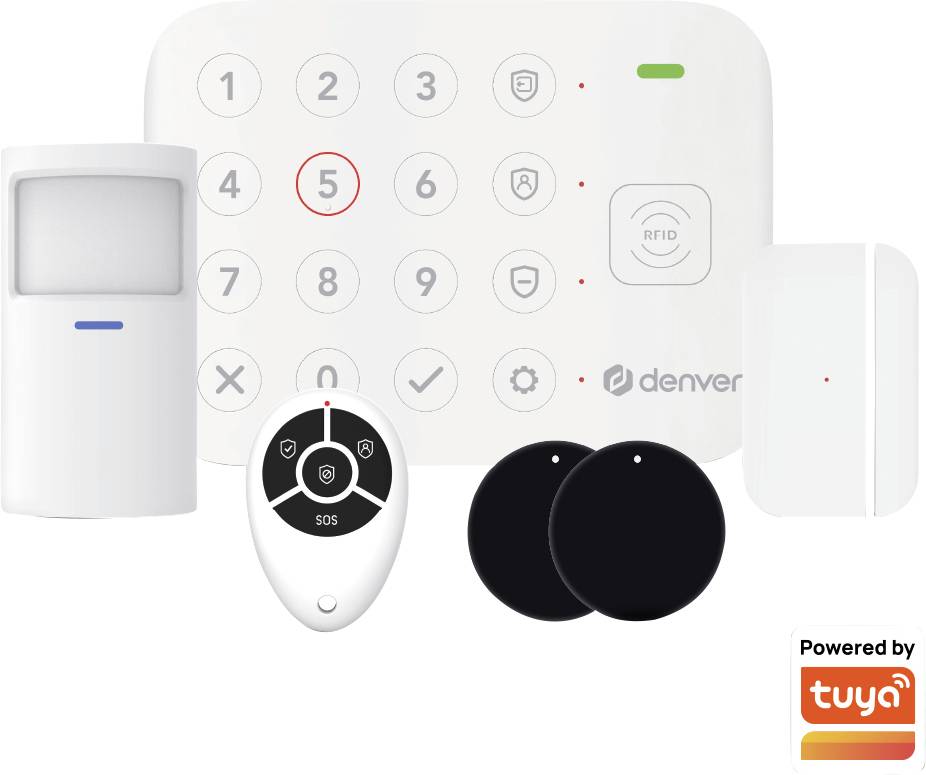 Système de sécurité domestique de marque « Denver » avec clavier central, détecteur de mouvement, télécommande avec bouton SOS, capteur de porte, étiquettes RFID. Alimenté par « Tuya ».
