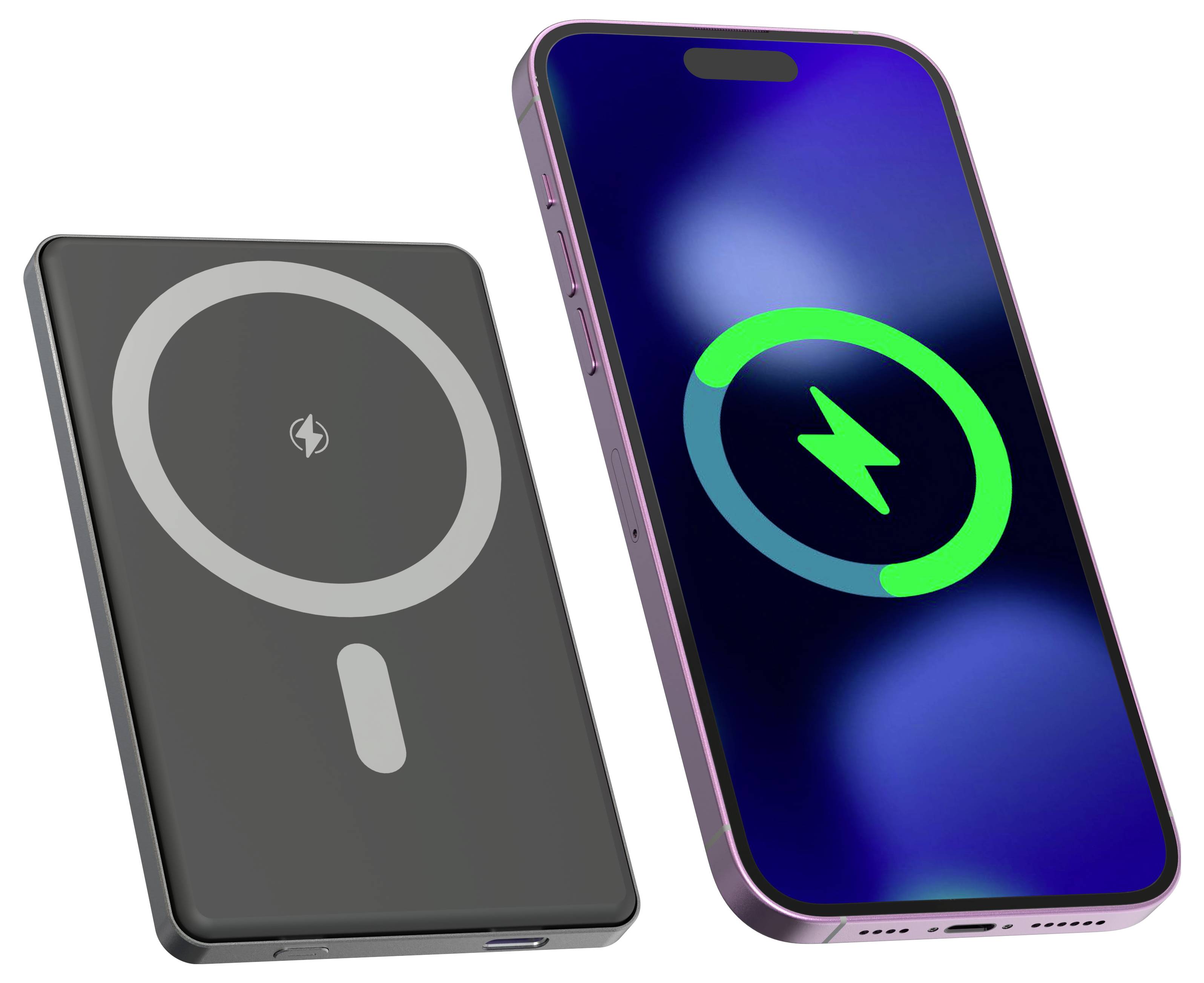 A smartphone and a wireless charging pad, both with a green lightning symbol indicating charging. The phone's screen is active.