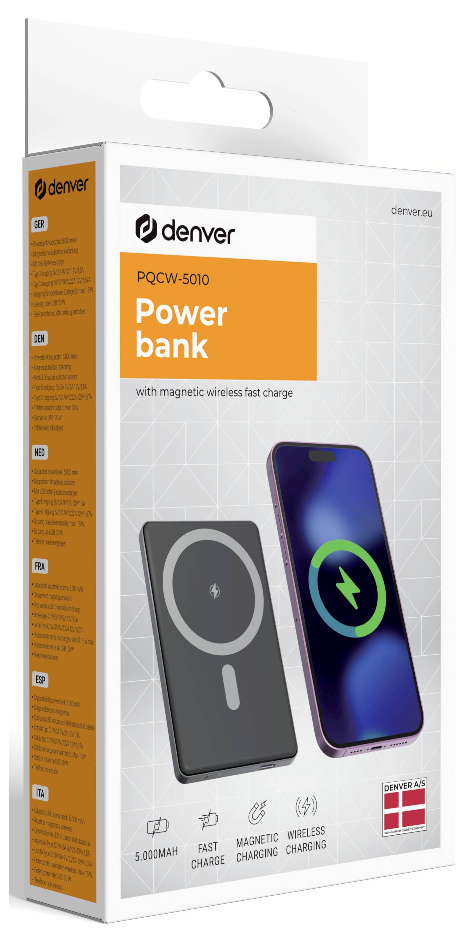 A product box showing a Denver power bank with magnetic wireless fast charge. Includes images of the power bank and a charging phone.