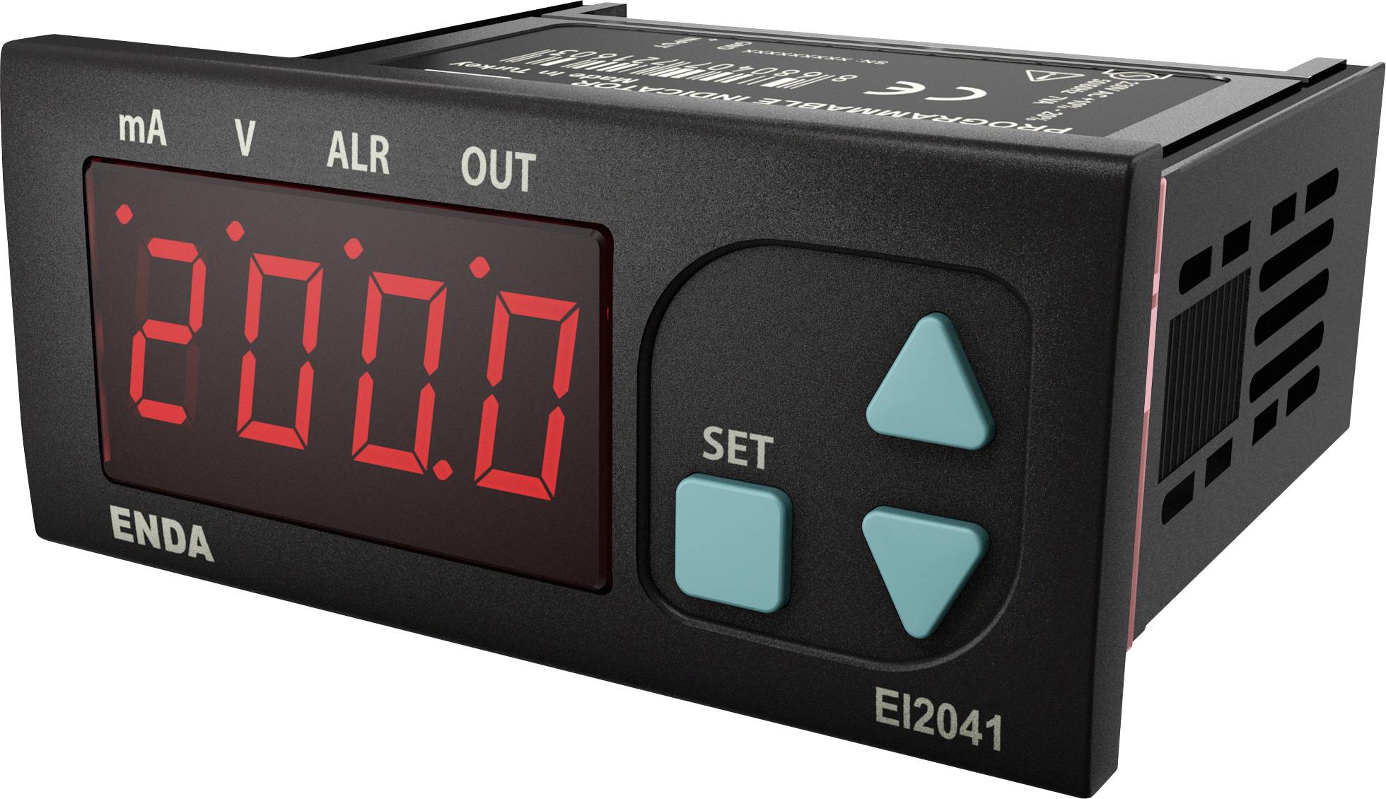 A digital display device showing '200.0' with buttons labeled 'SET'. Display indicators include mA, V, ALR, and OUT. Model EI2041.