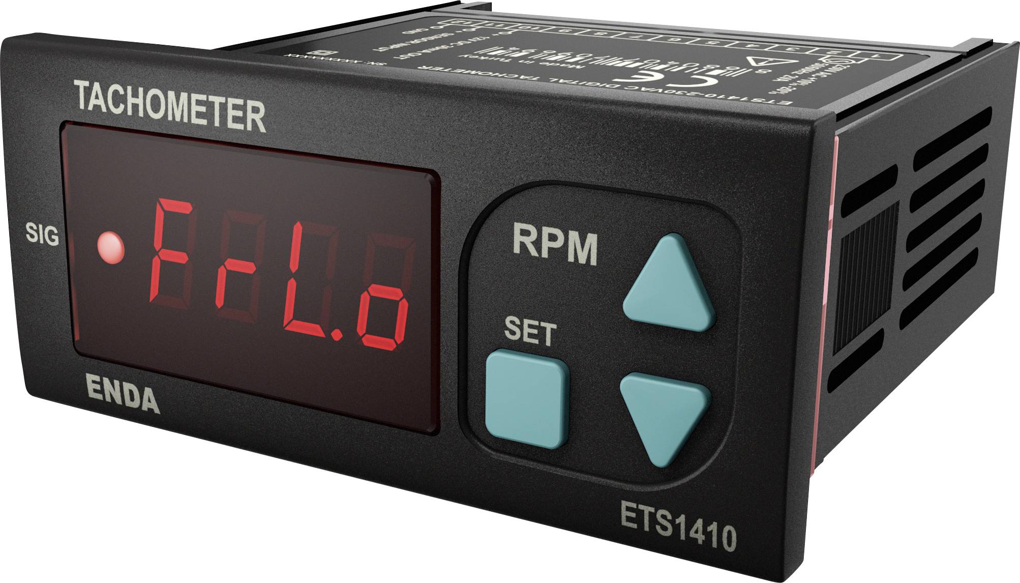 Tachometer display showing 'FLO'; features RPM and SET buttons, with two turquoise arrow buttons; labeled 'ENDA ETS1410'.