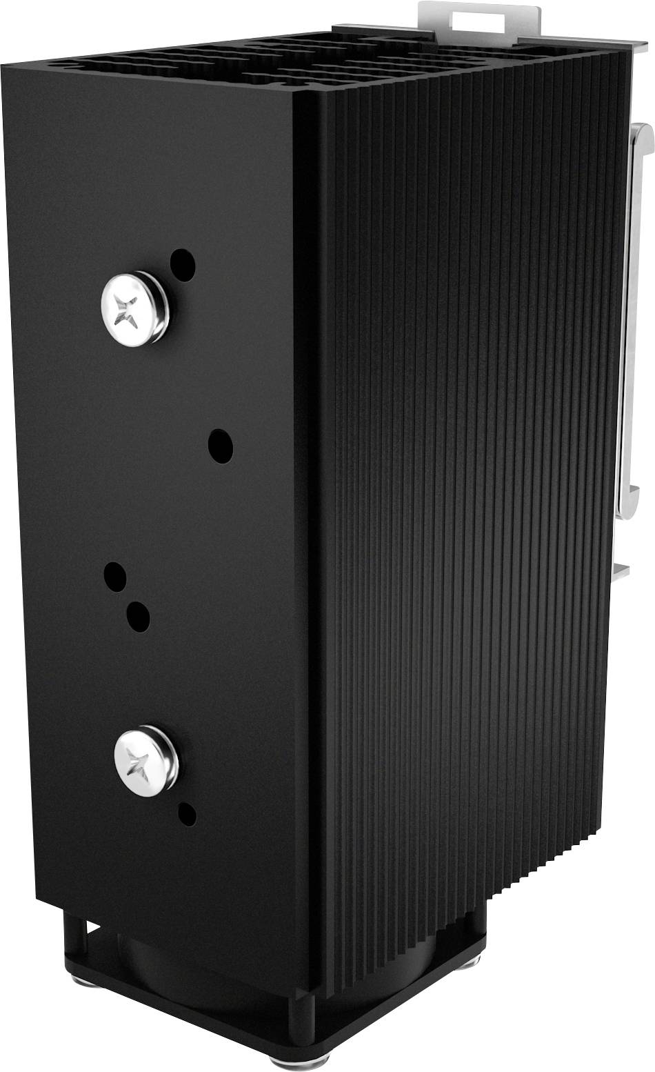 A large black computer heat sink with vertical fins and mounting screws, designed for cooling electronic components.