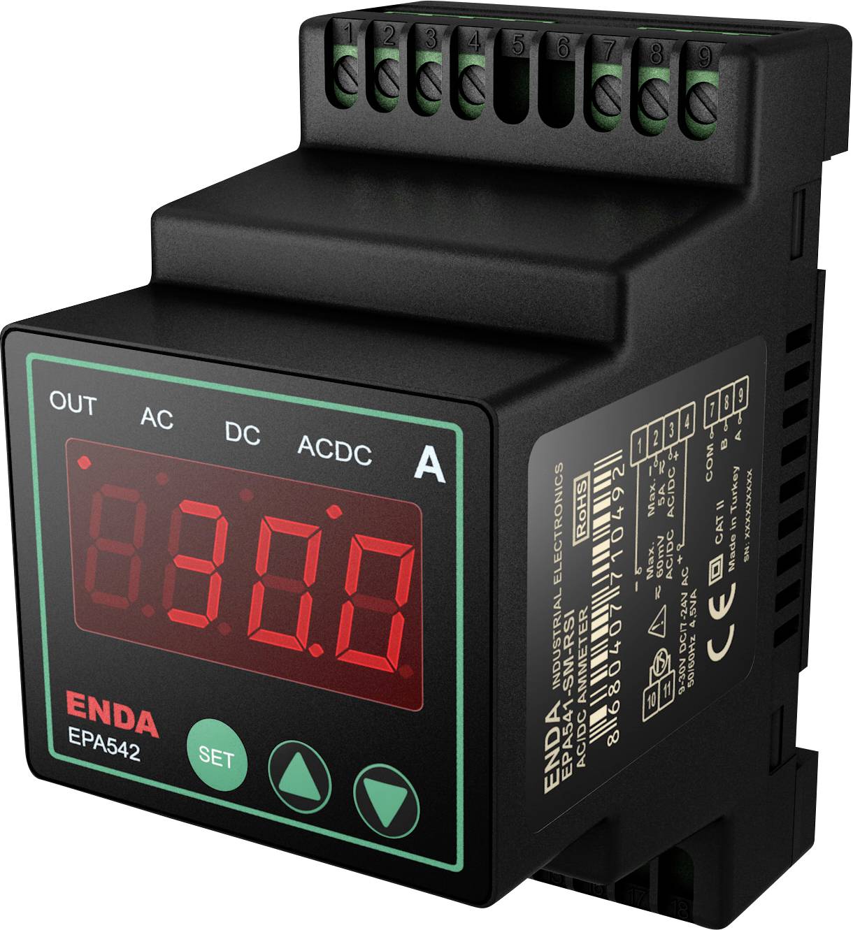 A digital panel meter displays '380.0' on a red screen, with buttons labeled 'OUT' and 'SET'. The device has input options: AC, DC, ACDC.