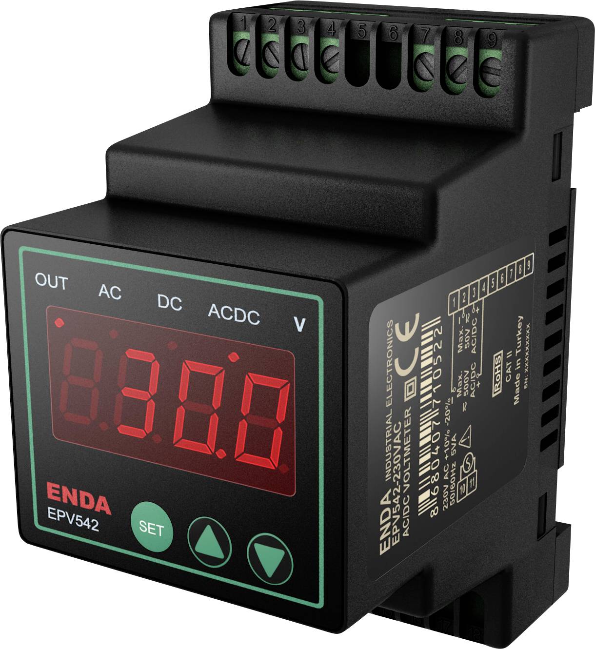 A digital voltage panel meter displays '380.0' with labeled sections: OUT, AC, DC, ACDC, and V.