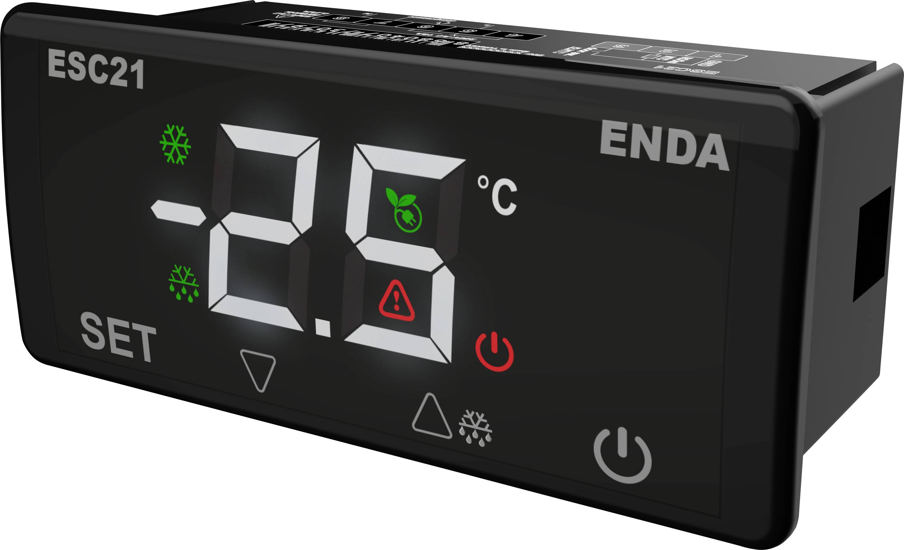 Digital display showing '-2.5°C' with icons for cooling, heating, alarm, and power. Model 'ESC21' by 'ENDA'.