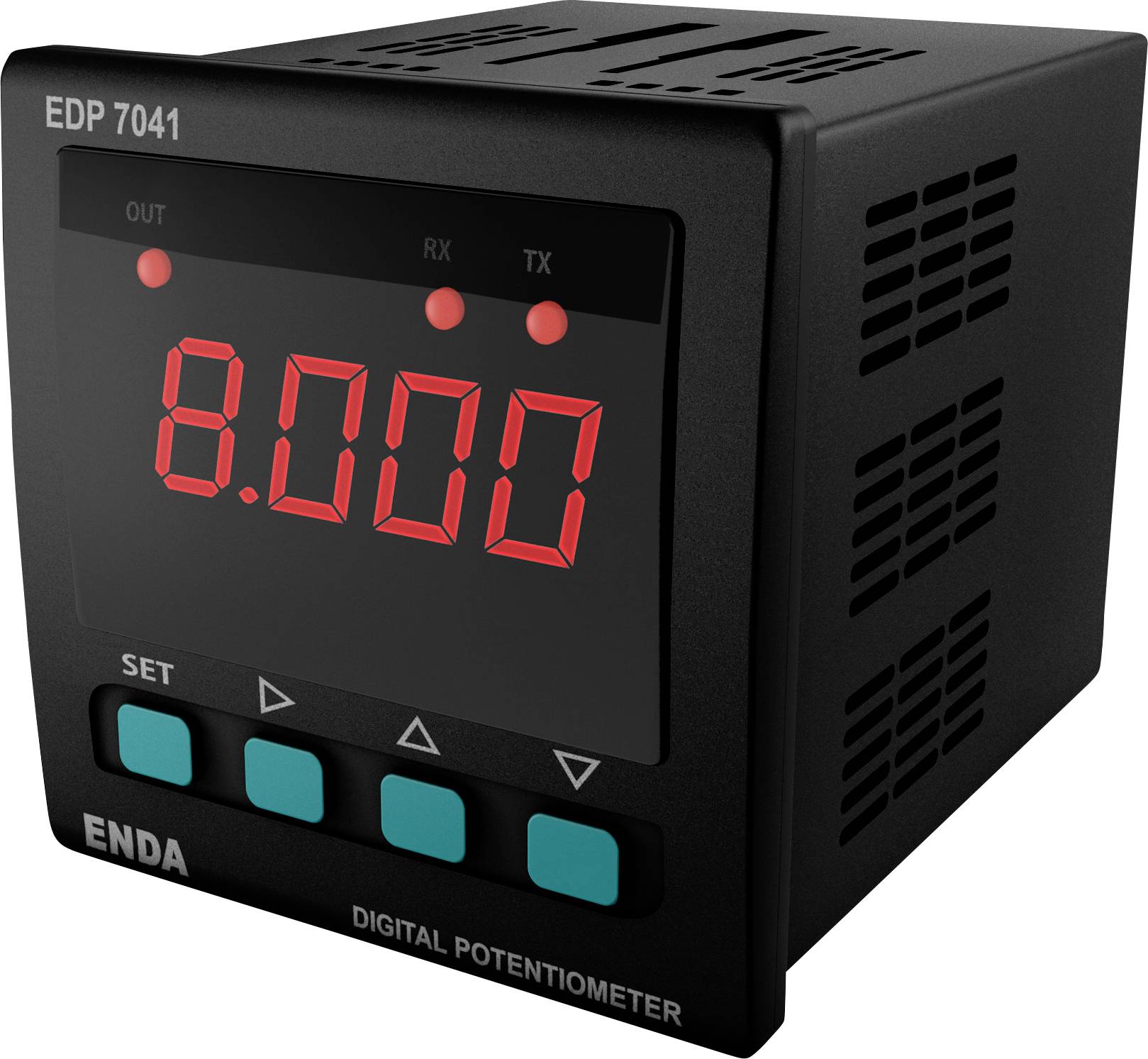 'EDP 7041 Digital Potentiometer' displays '8.000' on a digital screen with buttons for 'SET', 'UP', 'DOWN'.