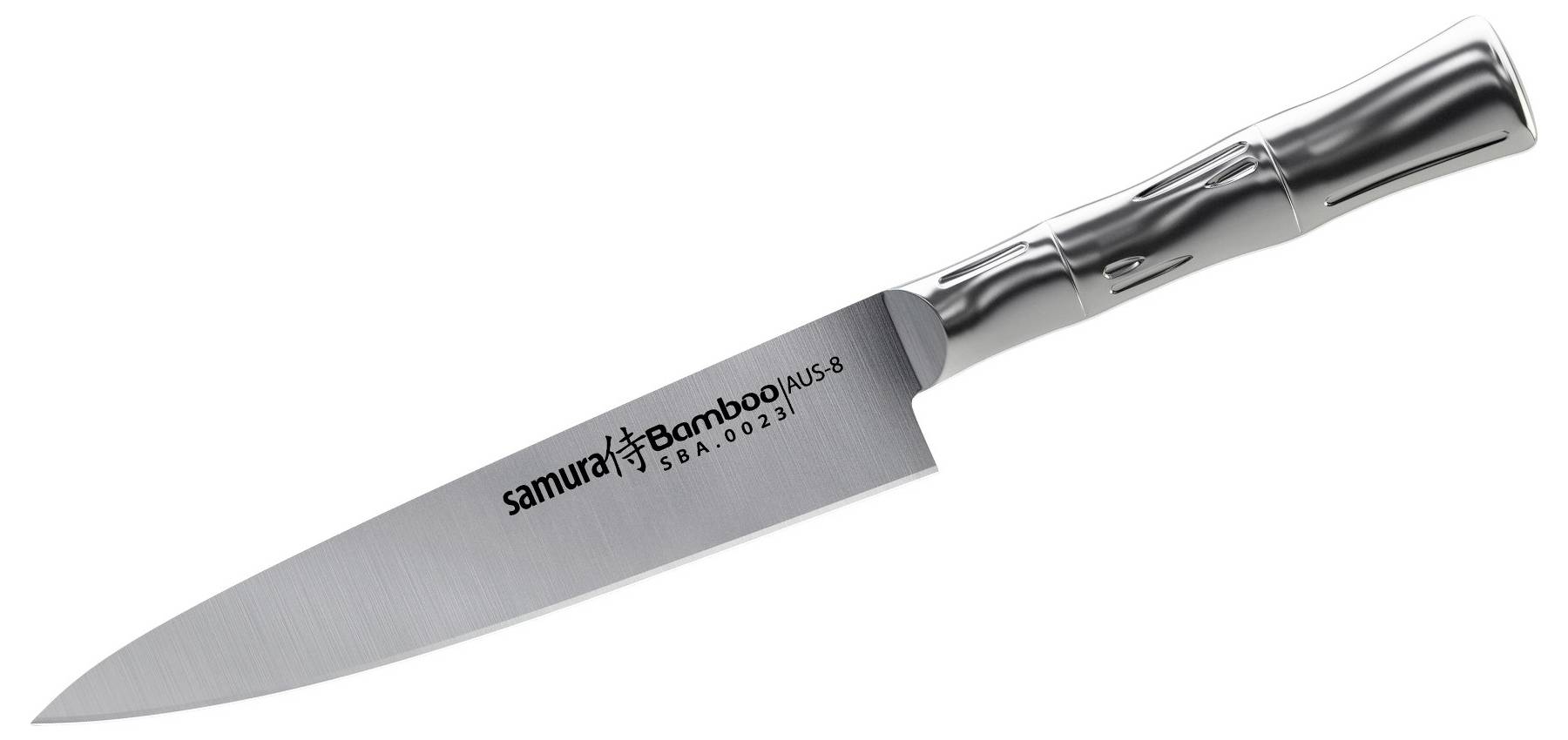 A stainless steel chef's knife with a bamboo-patterned handle, branded 'Samura Bamboo AUS-8'. The blade is sleek and sharp.