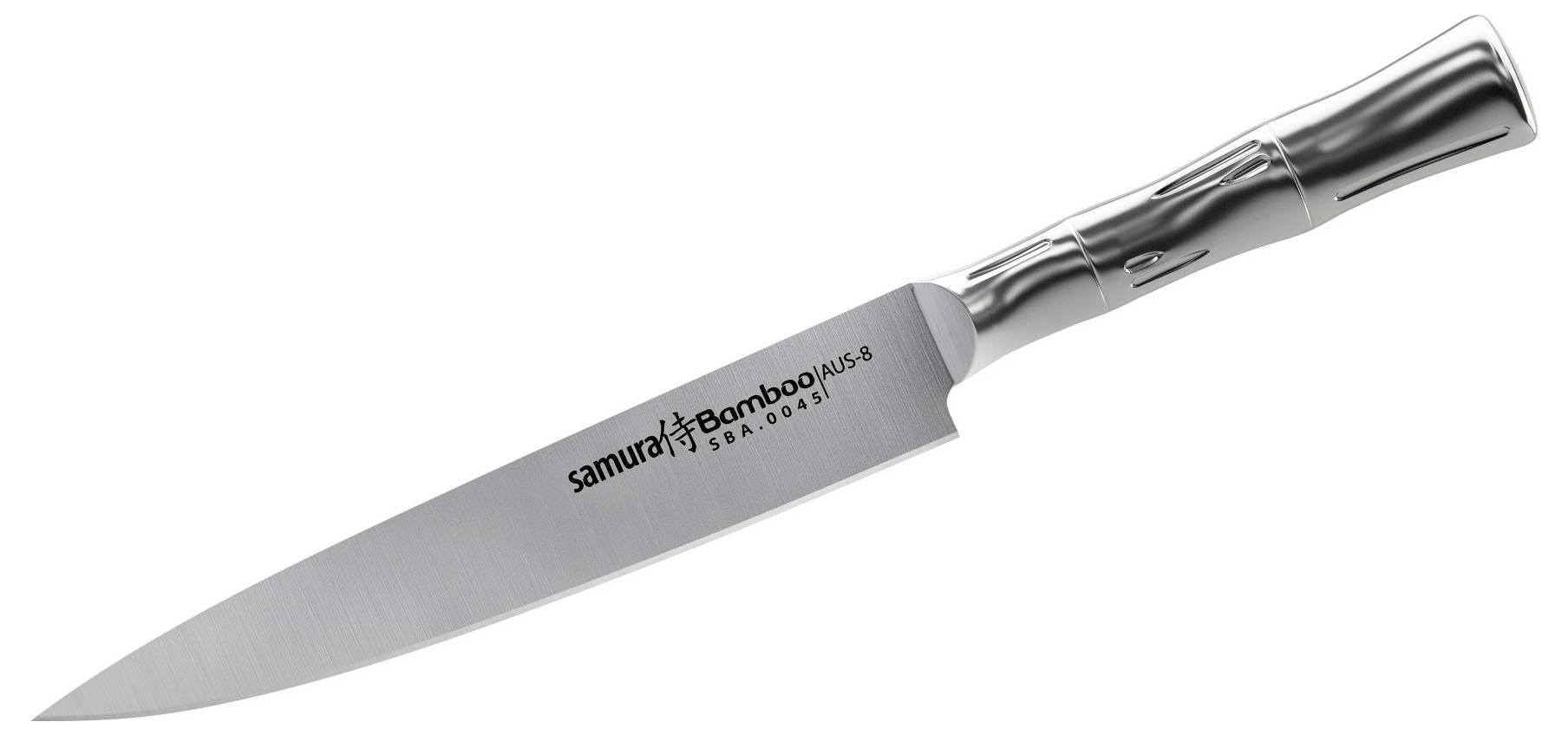 A sleek stainless steel chef's knife with a textured handle and a sharp blade, labeled 'Samura Bamboo'.