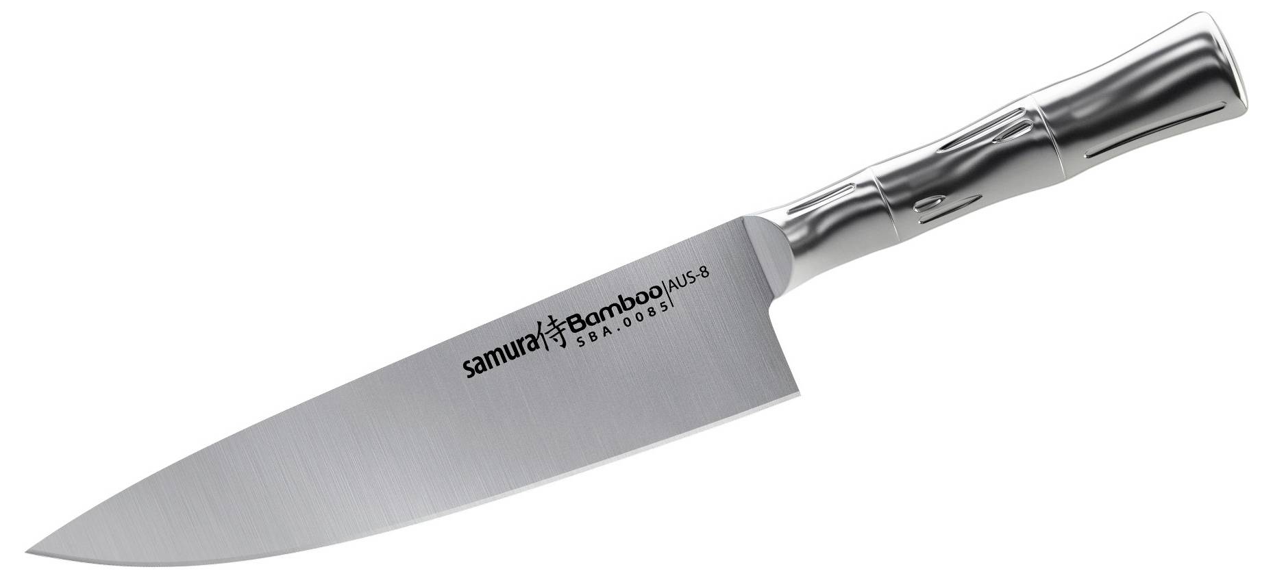 A sleek chef's knife with a silver handle and 'samura bamboo' inscribed on the blade.