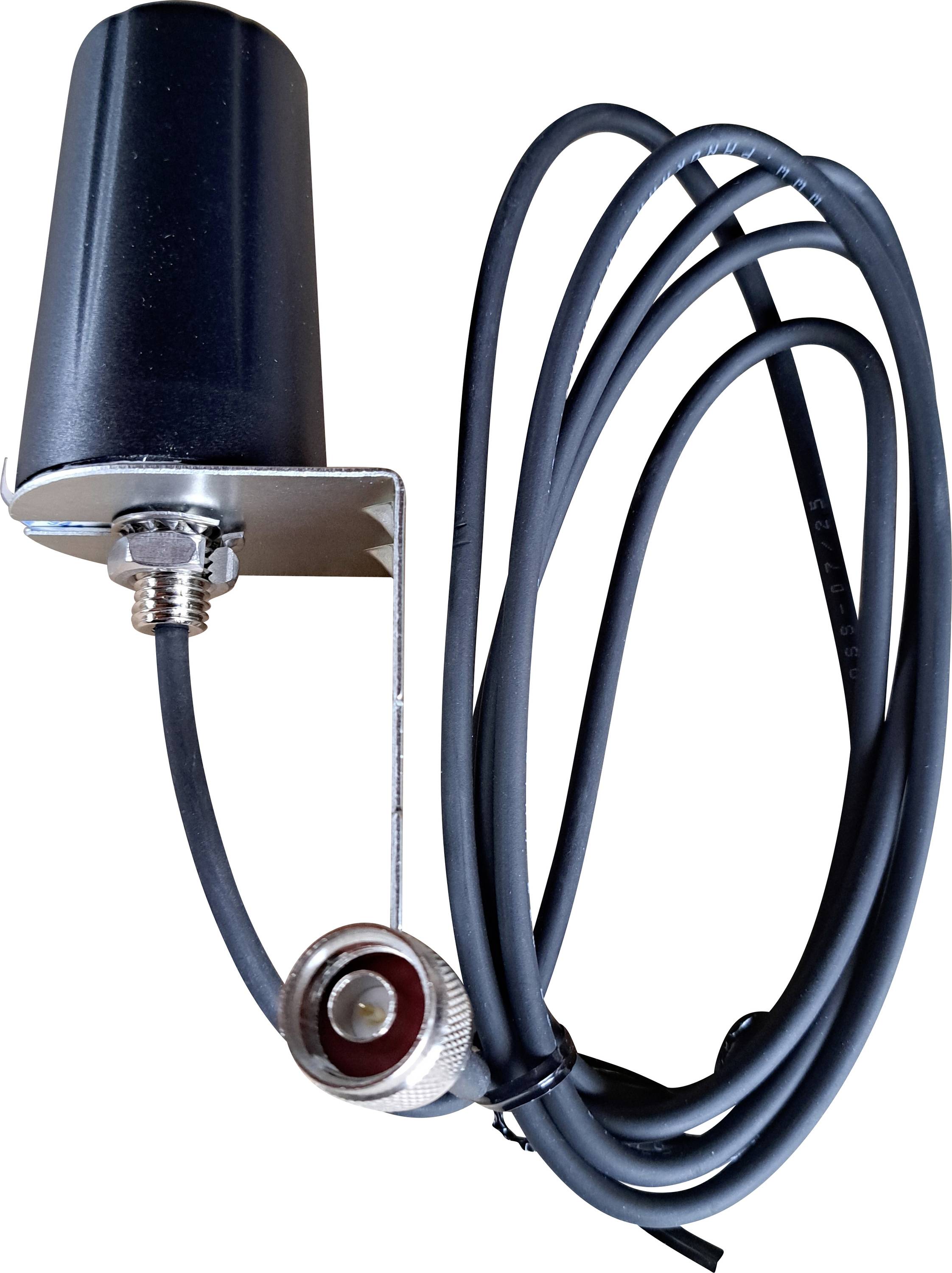 Une petite antenne de montage magnétique noire avec câble coaxial et support métallique, utilisée pour les systèmes de communication radio.