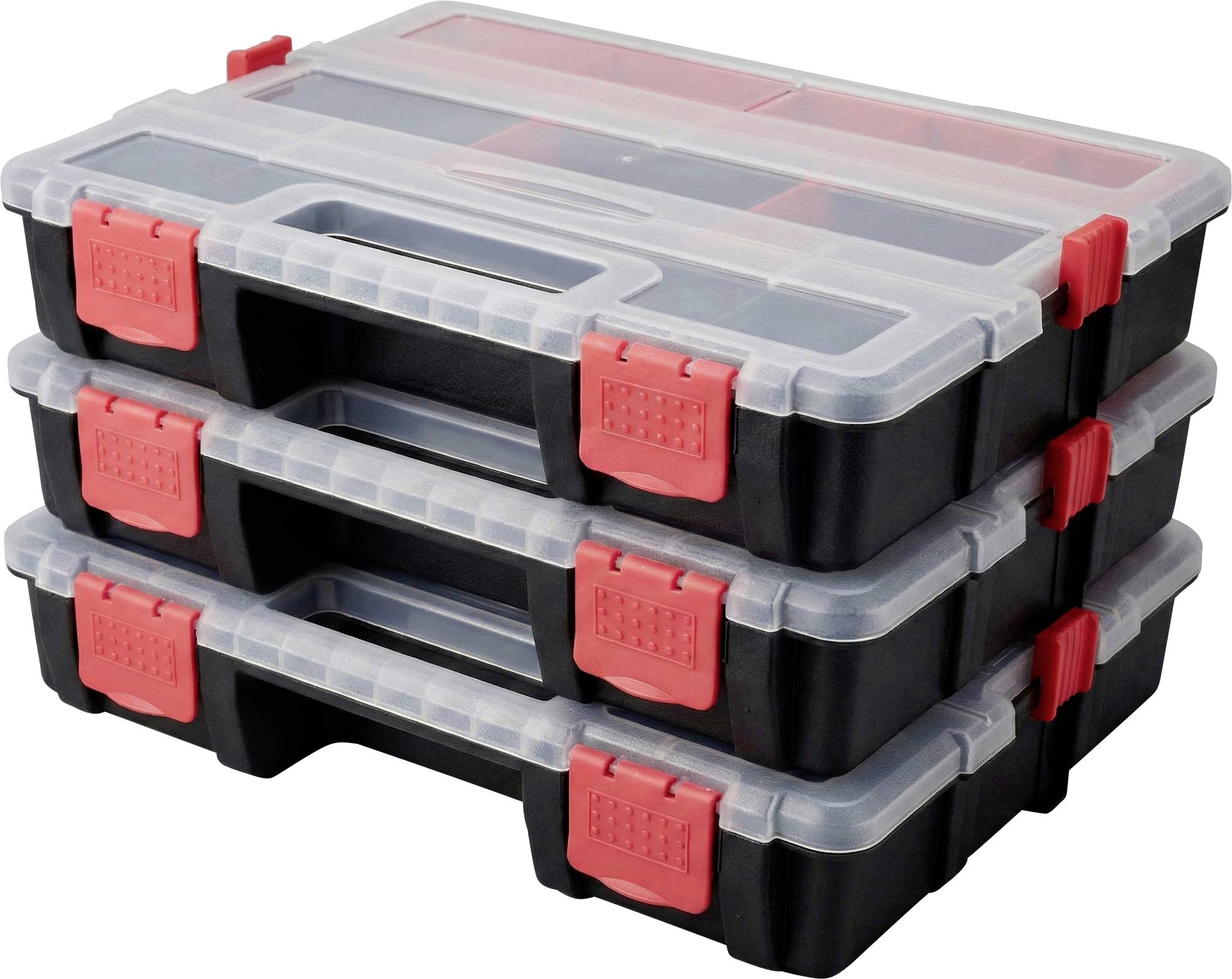 Three black plastic storage boxes with clear lids and red latches stacked on top of each other.