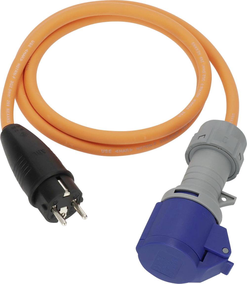 Câble d'alimentation orange avec une fiche noire et un connecteur industriel gris-bleu aux extrémités.