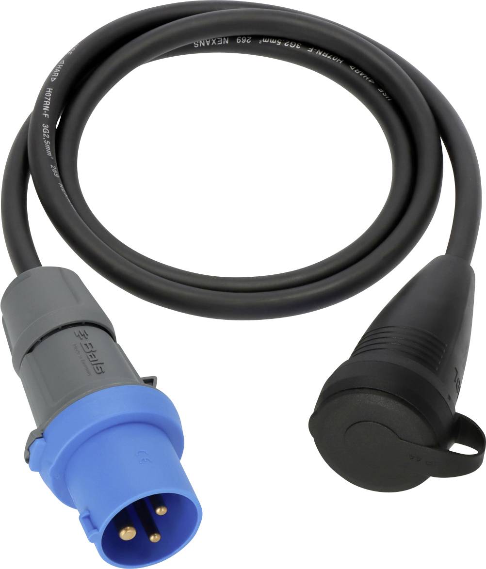 Câble d'alimentation noir enroulé avec des connecteurs de style CEE bleus et noirs sur un fond blanc.