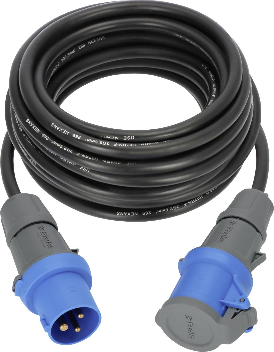 « Un câble électrique noir enroulé avec des connecteurs de prise bleus aux deux extrémités, couramment utilisé pour les connexions d'alimentation industrielles ou extérieures. »