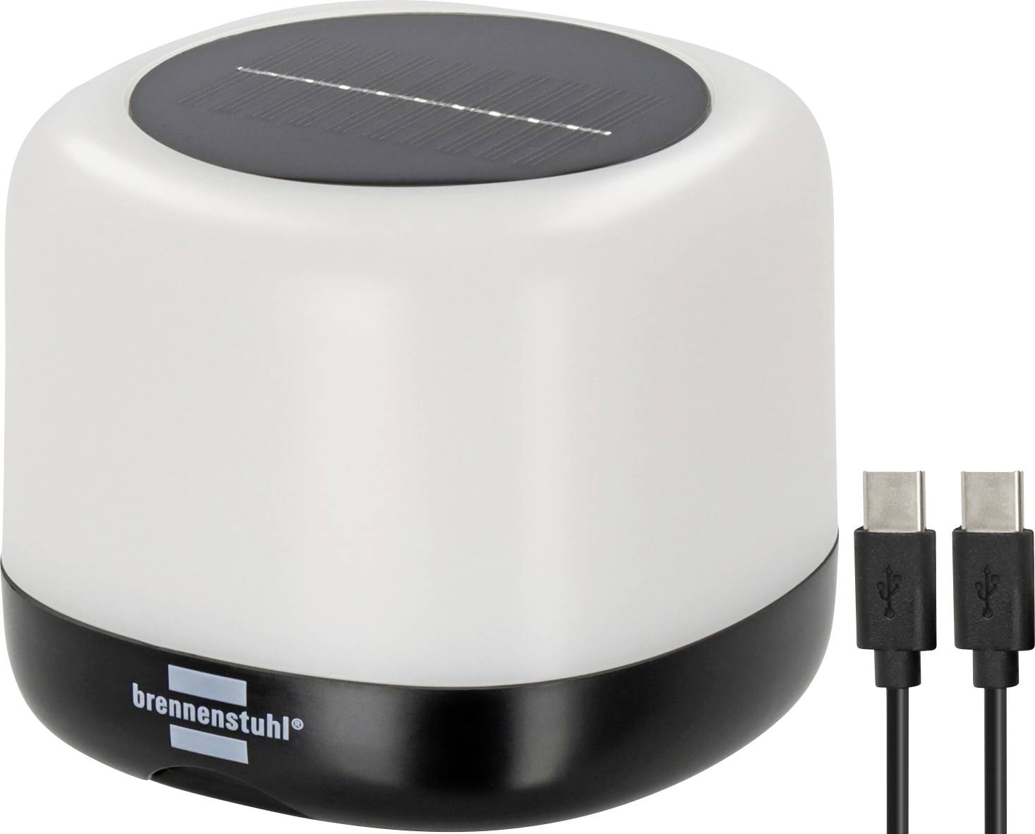 Lampe portative ou haut-parleur alimenté par énergie solaire Brennenstuhl blanc et noir avec deux câbles de charge USB présentés à côté