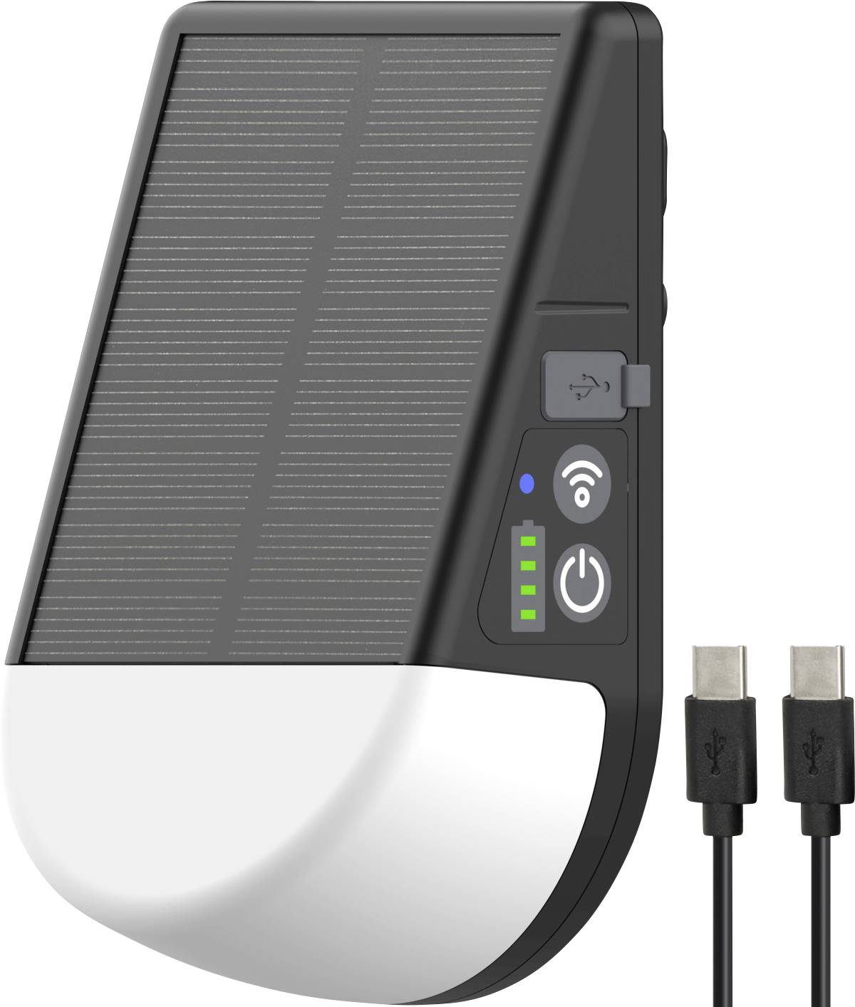 Chargeur solaire portable avec batterie intégrée, port USB, bouton d'alimentation et indicateurs de charge LED, présenté avec deux câbles USB-C.