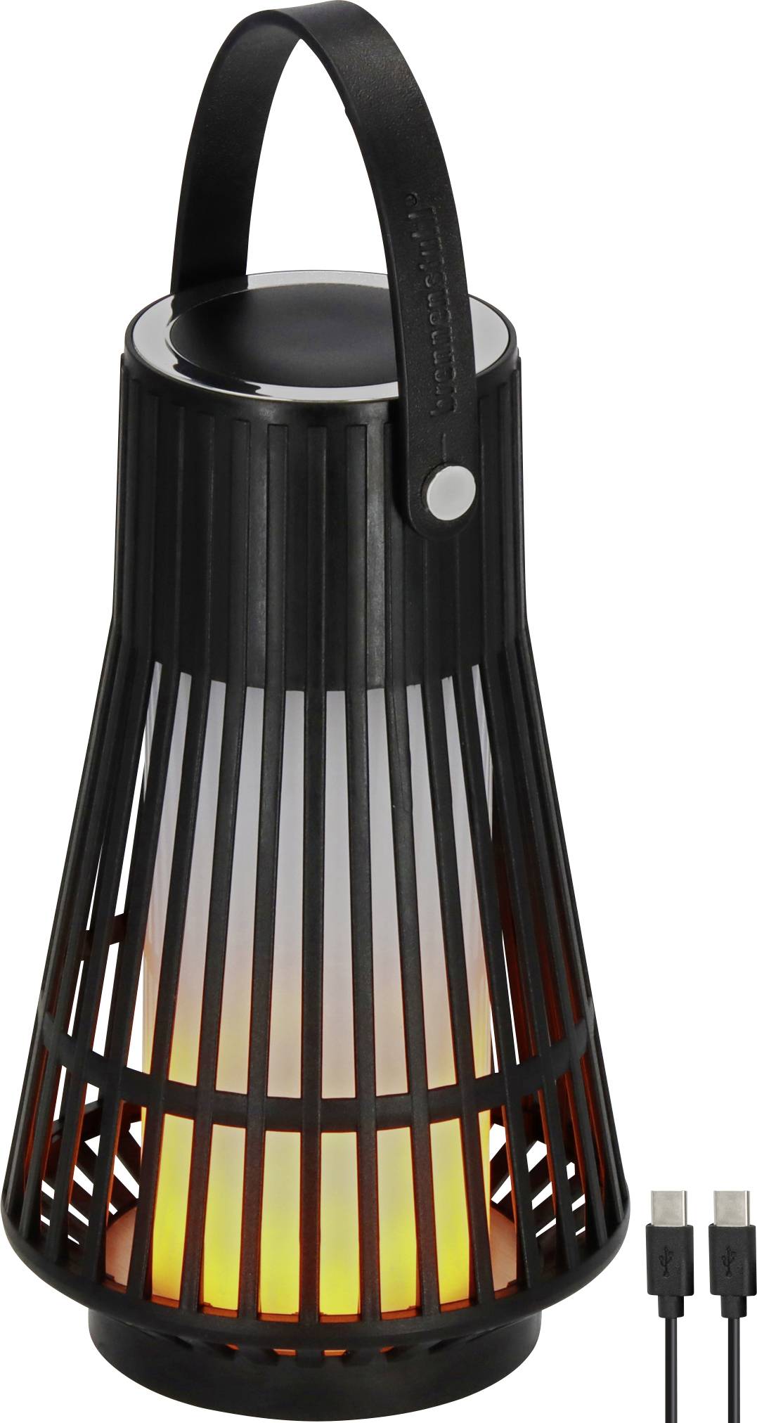 Enceinte portable de style lanterne noire avec poignée et lueur orange chaud visible à l'intérieur, présentée avec un câble de charge USB.