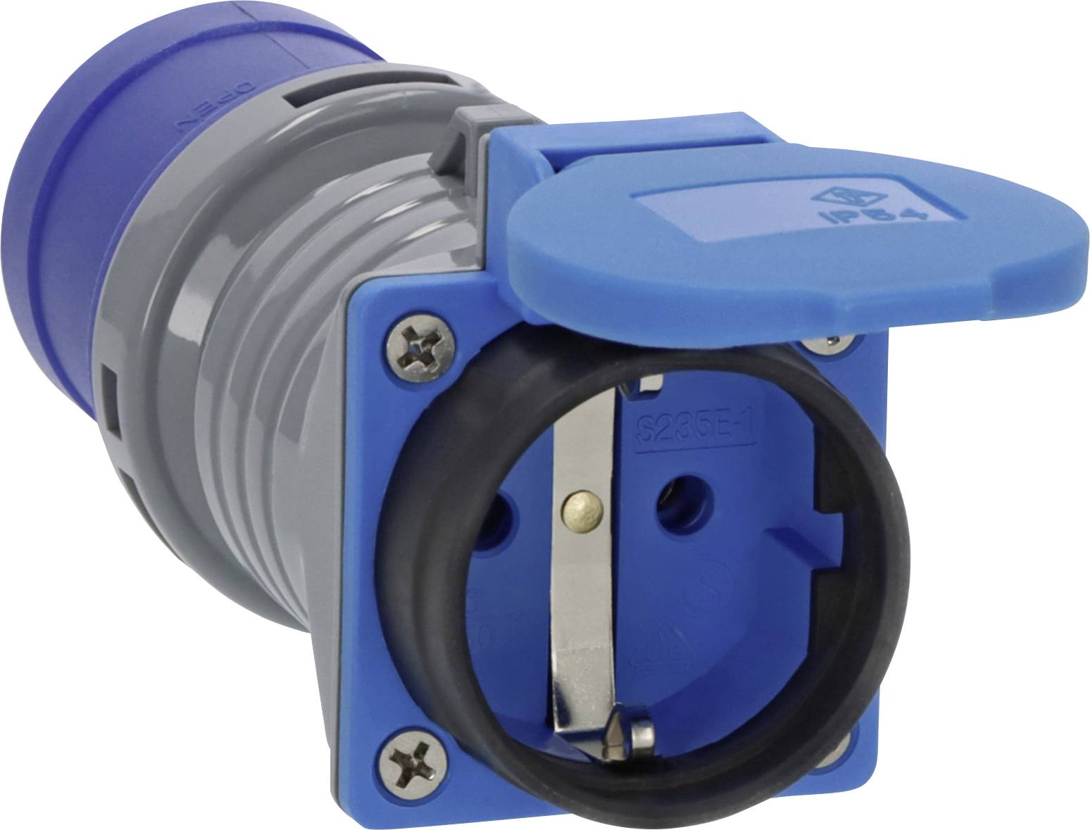 Fiche et connecteur électrique industriels bleus et gris avec une ouverture de prise circulaire noire et un couvercle bleu articulé sur fond blanc
