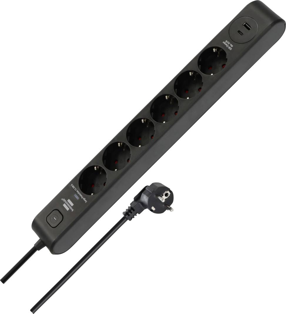 Bloc d'alimentation noir avec six prises EU, un interrupteur d'alimentation latéral et un port de charge USB intégré, présenté avec cordon et prise attachés.