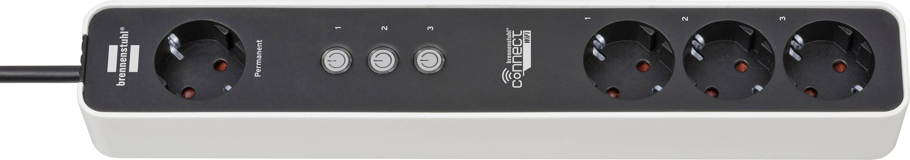 Bloc multiprise avec cinq prises rondes et trois interrupteurs d'alimentation intégrés, présenté dans un boîtier gris avec un cordon connecté sur la gauche.