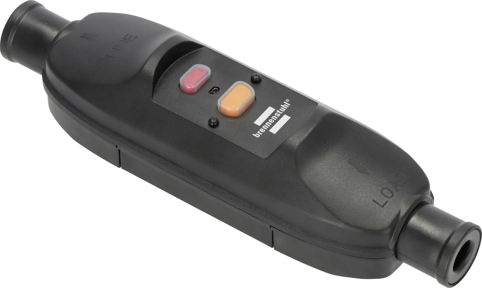 Un dispositif de courant résiduel (RCD) inline noir avec des boutons « RESET » et « TEST » marqués sur sa surface, conçu pour la sécurité électrique.